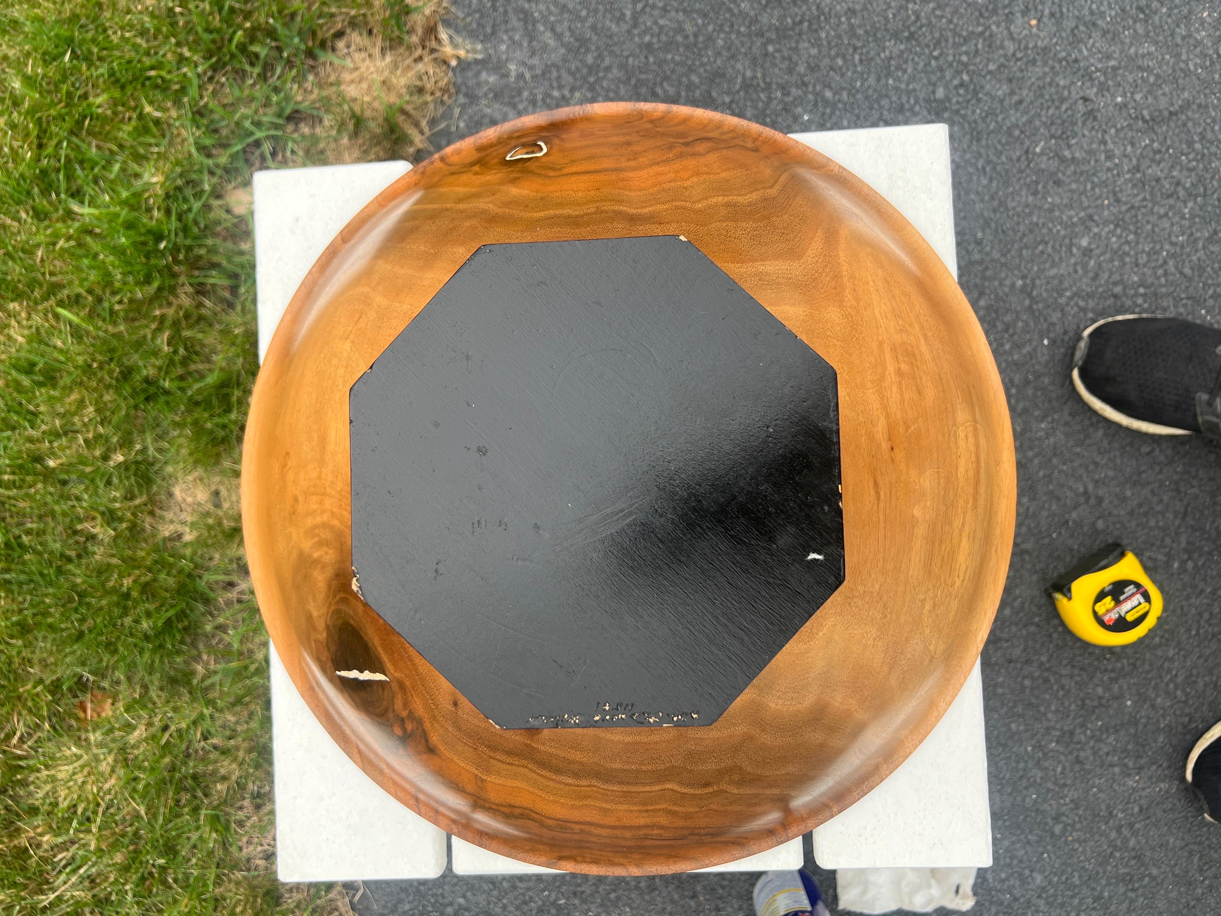 Large Modernist Artisan Made Inlaid Walnut Centerpiece Bowl on Stand, Signed For Sale 4