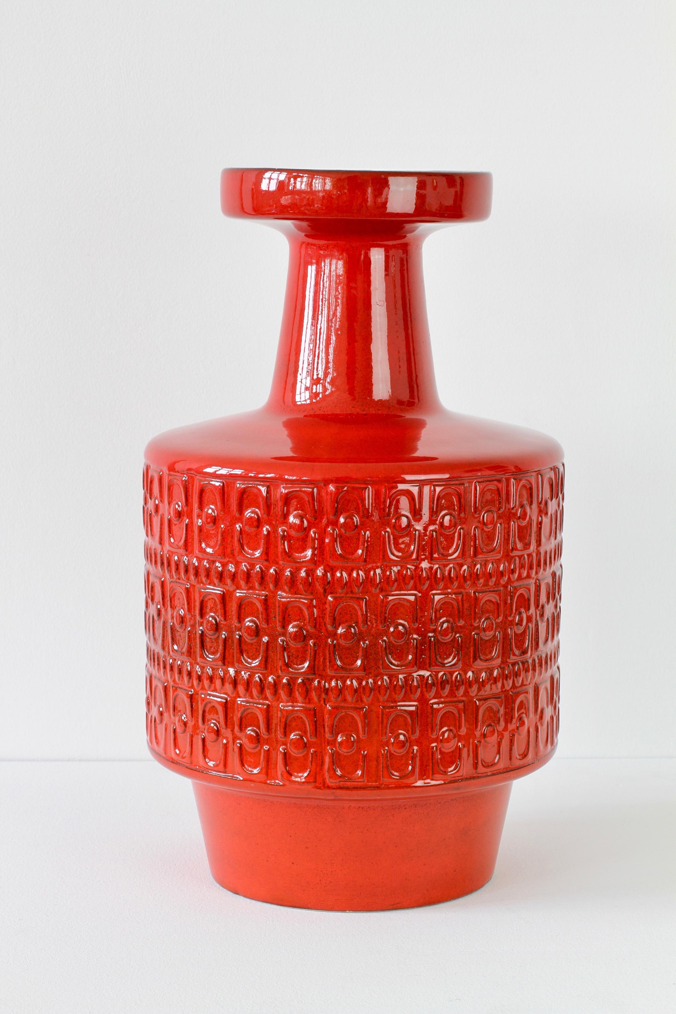 Embossed Large Modernist Bright Red West German Floor Vase by Fohr Pottery, circa 1970