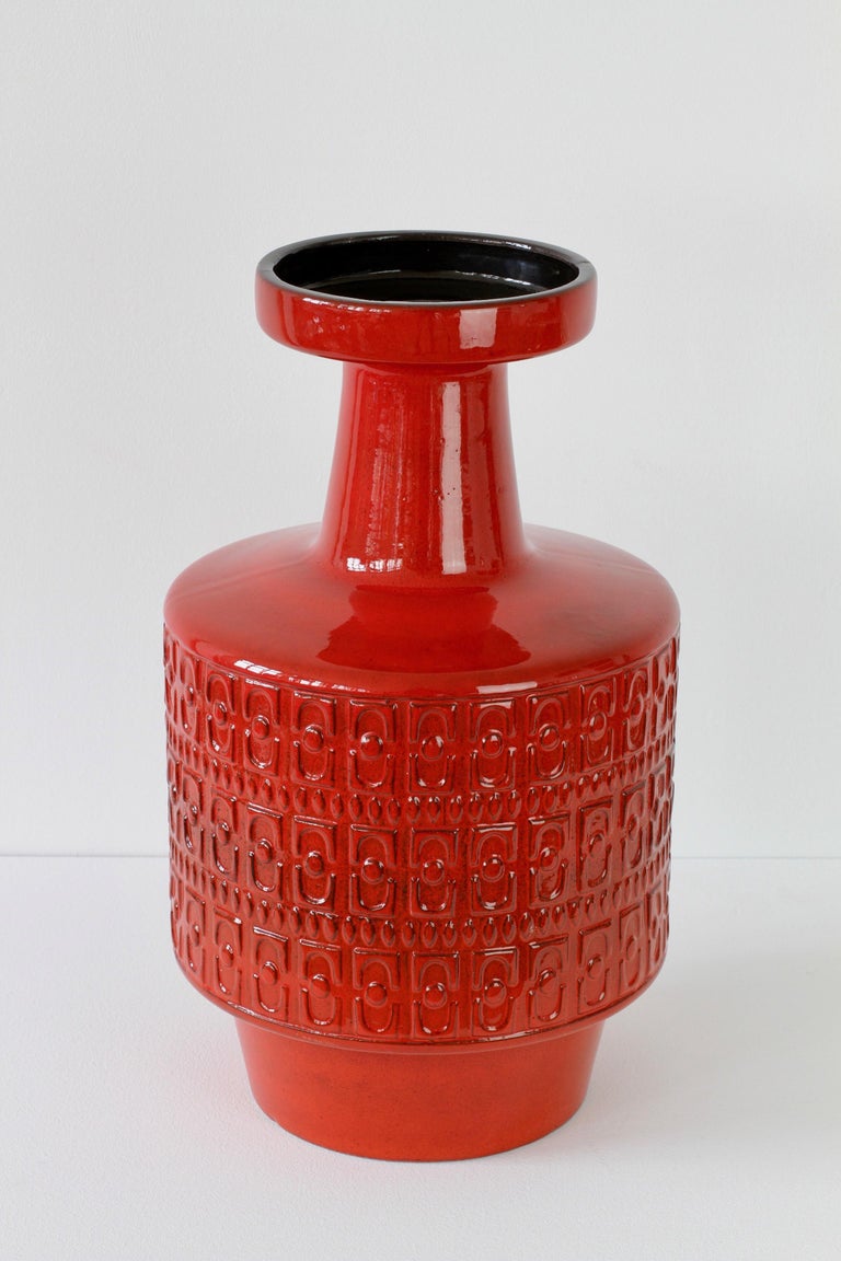 Large Modernist Bright Red West German Floor Vase by Fohr Pottery