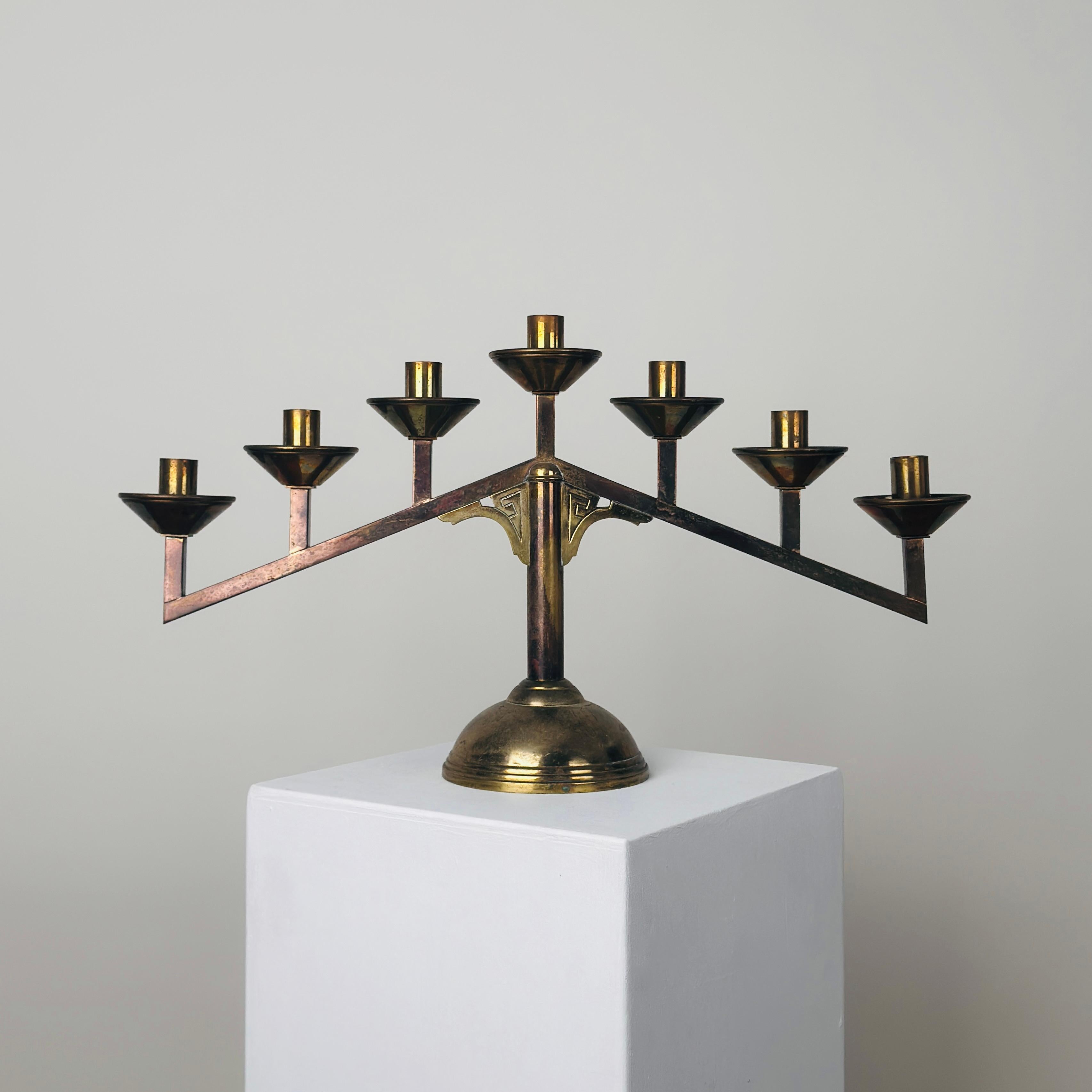 Large modernist brass candelabre from an ancient church. 
Good condition, nice patina. 

52cm x 32cm