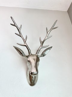 Large Modernist Cast Polished Metal Deer Antler Head Wall Sculpture