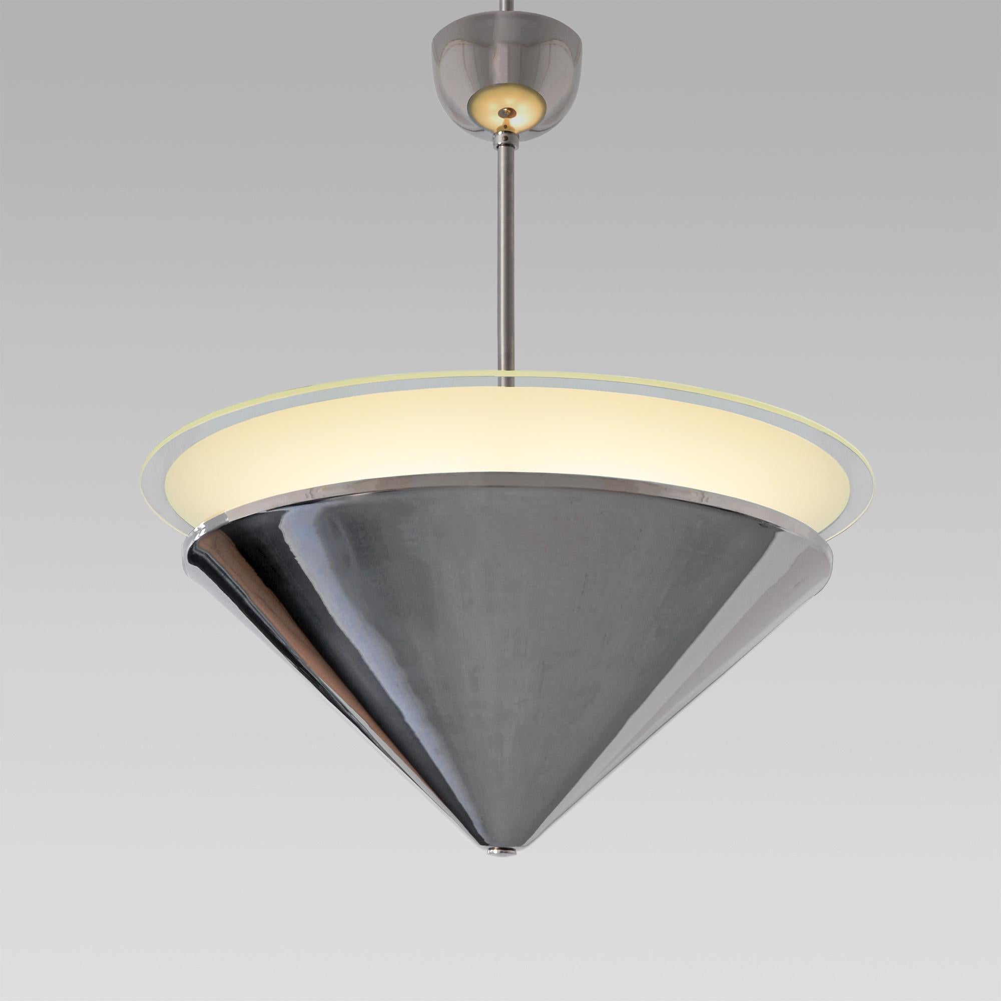 Modernist ceiling light made of nickel-plated brass and opal glass, customizable.