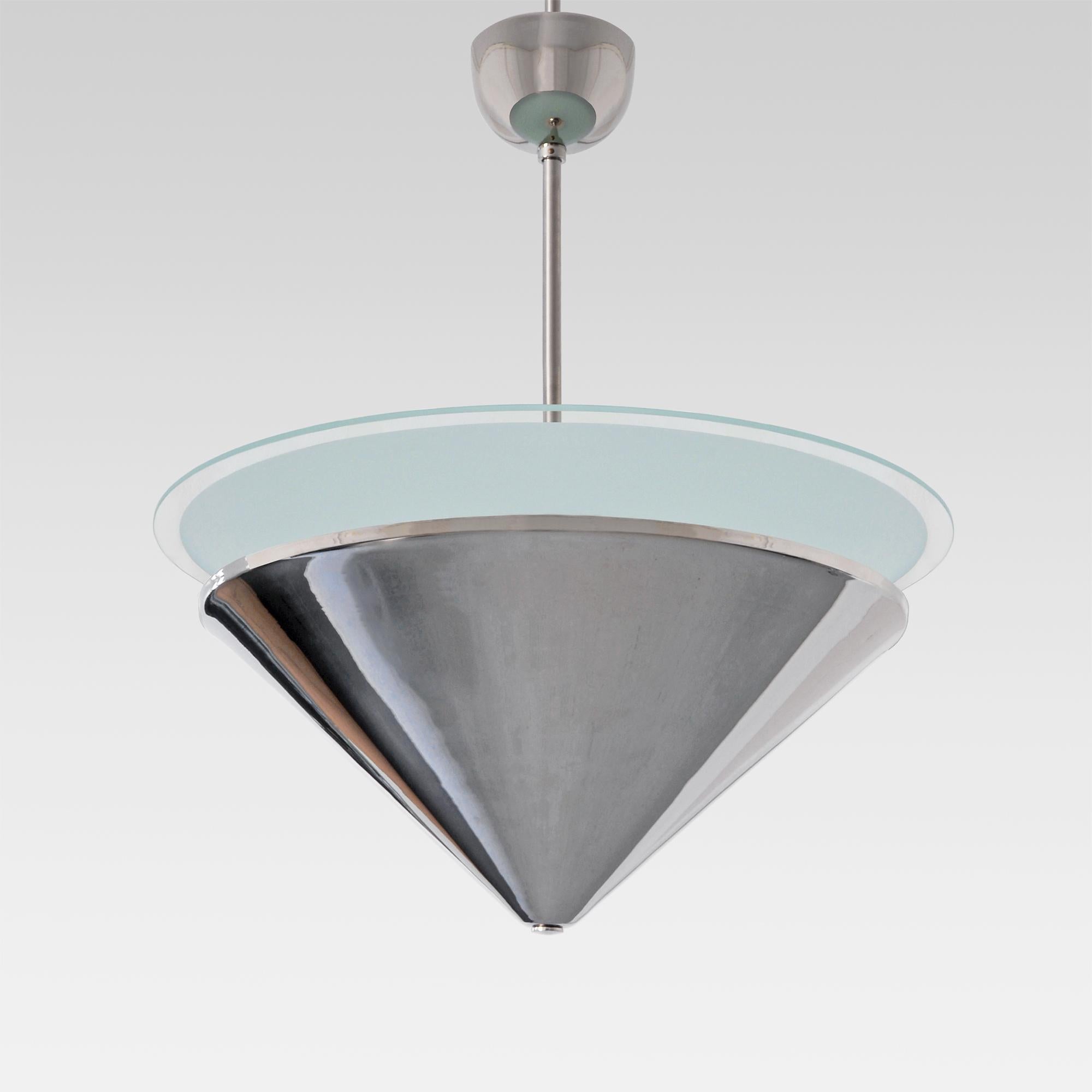 German Large Modernist Ceiling Light, Nickel Plated Brass, Opal Glass, Customizable For Sale