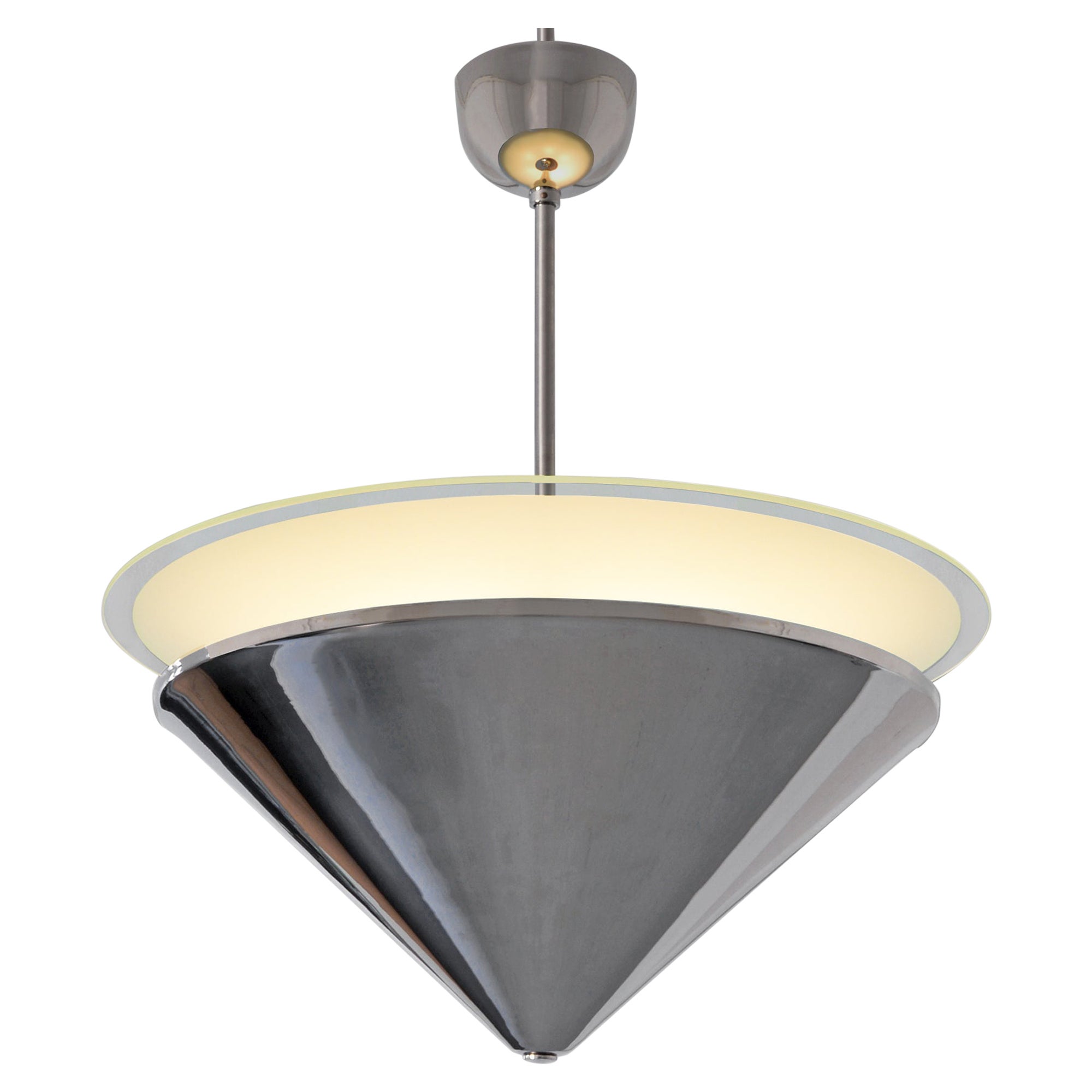 Large Modernist Ceiling Light, Nickel Plated Brass, Opal Glass, Customizable For Sale