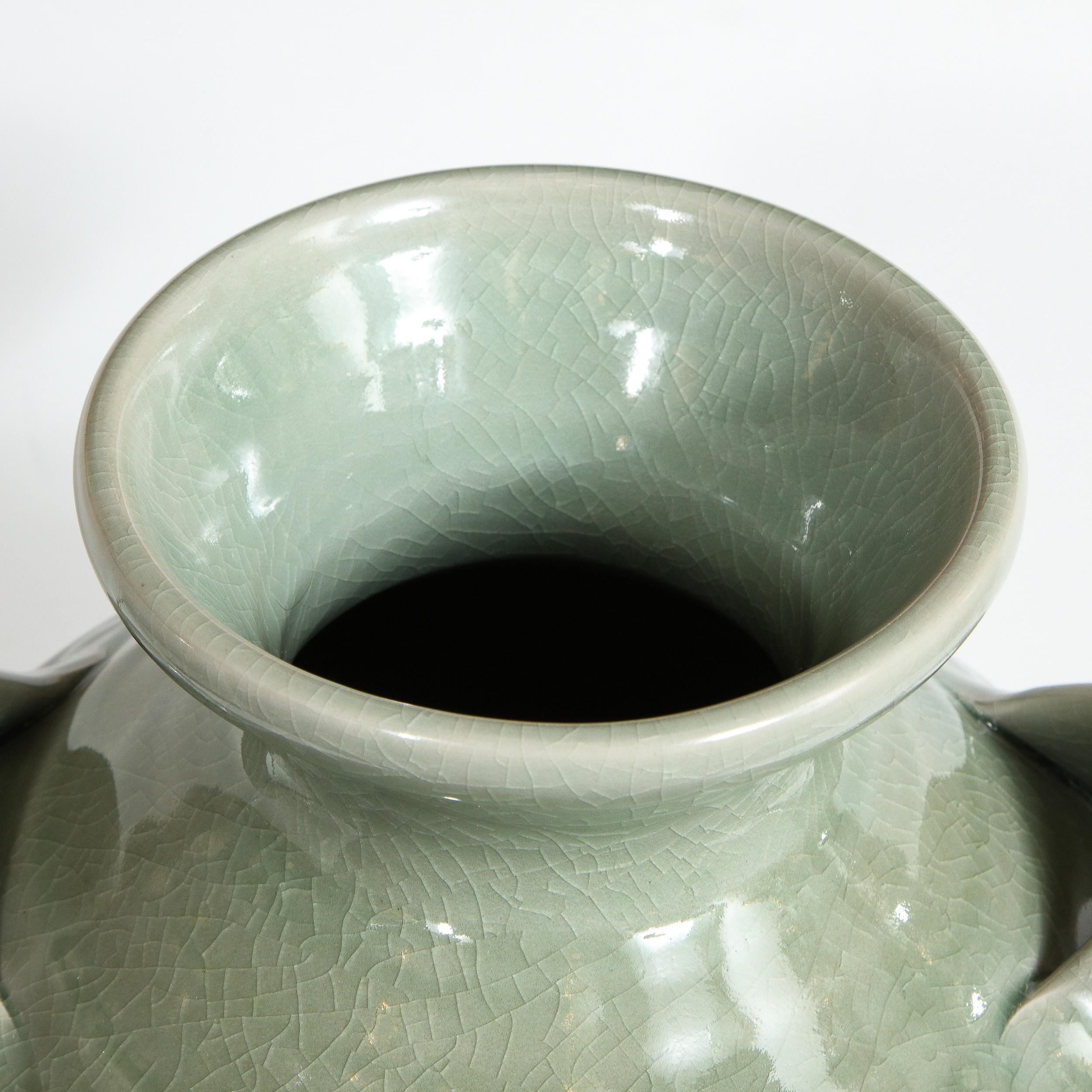 Large Modernist Ceramic Vase in Celadon Craqueleur Glaze with Handles 5