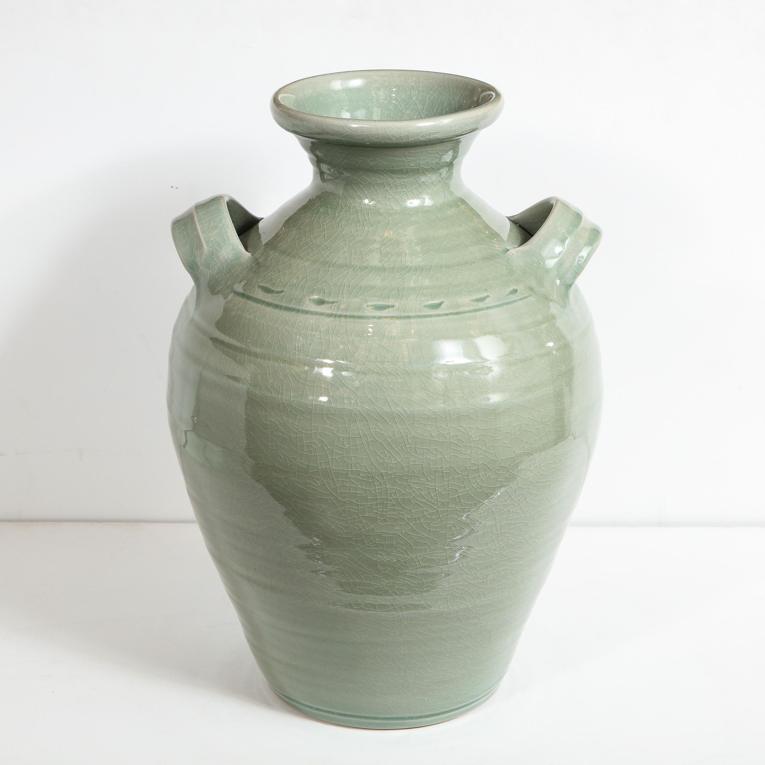 Large Modernist Ceramic Vase in Celadon Craqueleur Glaze with Handles 7