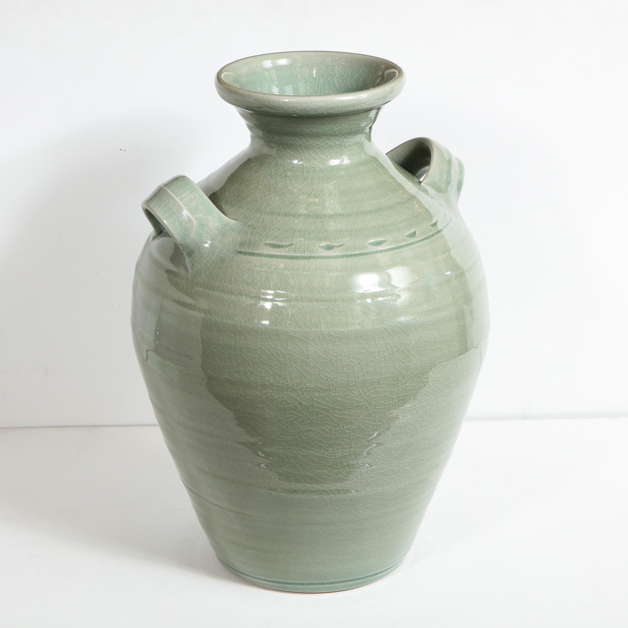 Large Modernist Ceramic Vase in Celadon Craqueleur Glaze with Handles 8