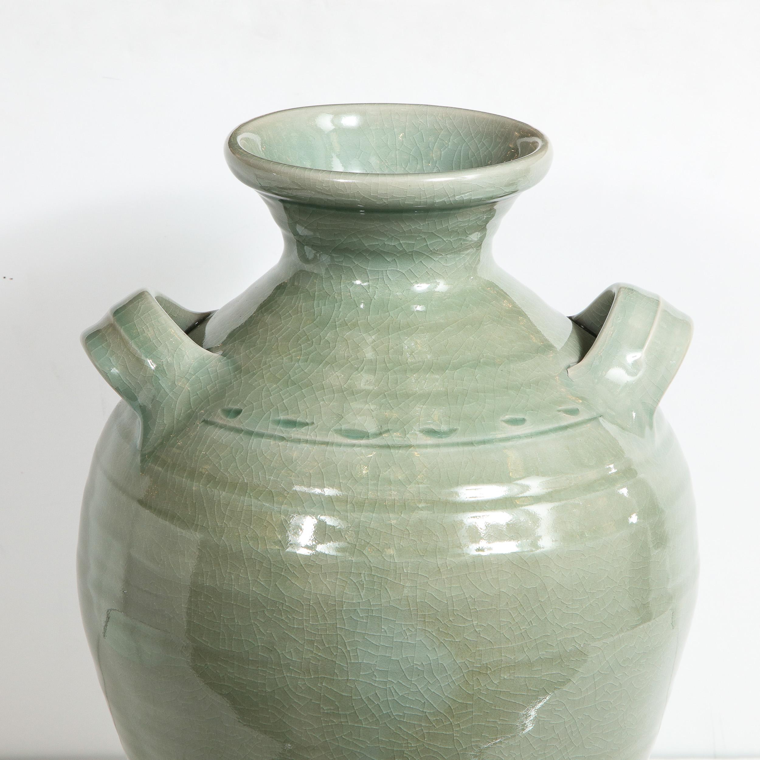 Chinese Large Modernist Ceramic Vase in Celadon Craqueleur Glaze with Handles