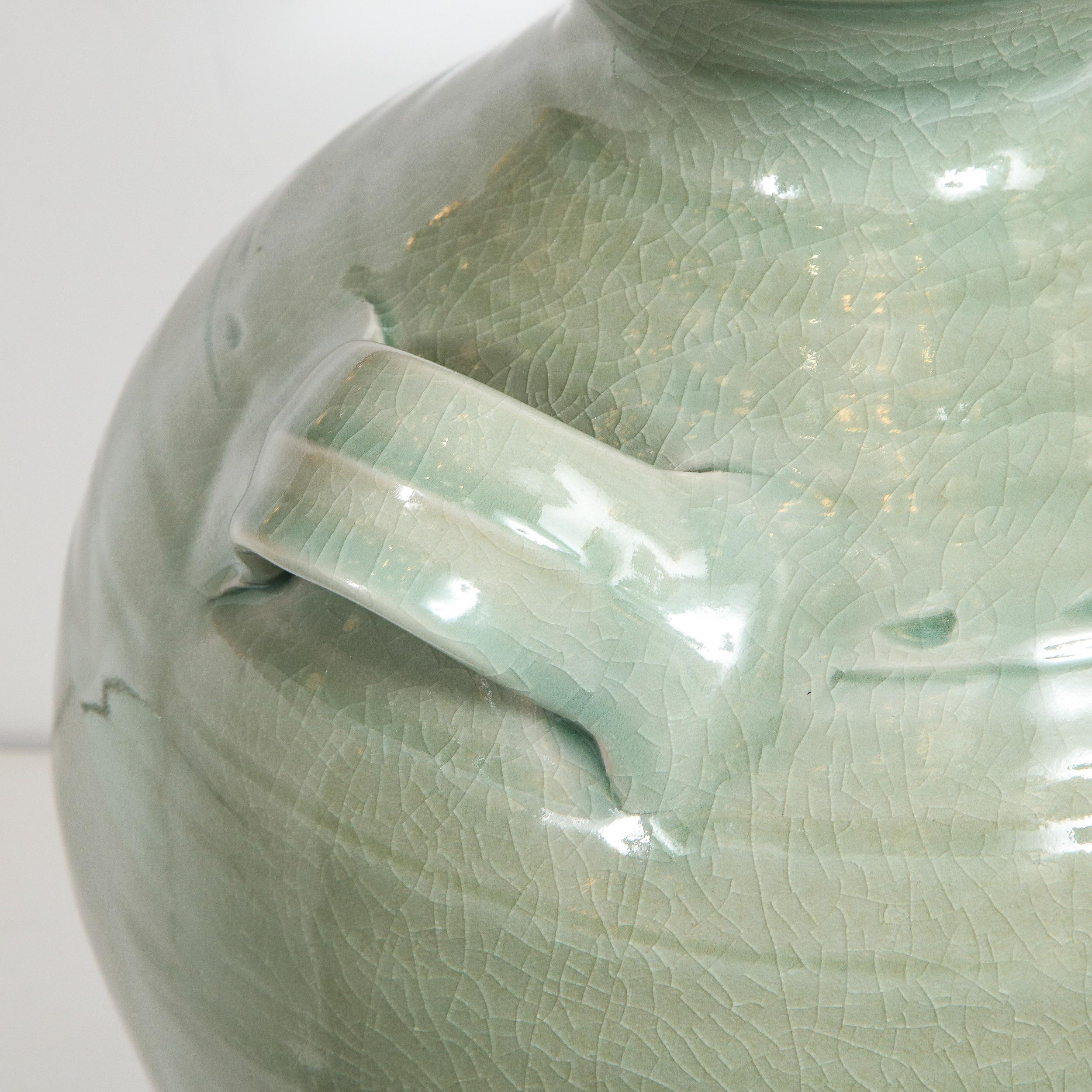 Large Modernist Ceramic Vase in Celadon Craqueleur Glaze with Handles In Excellent Condition In New York, NY