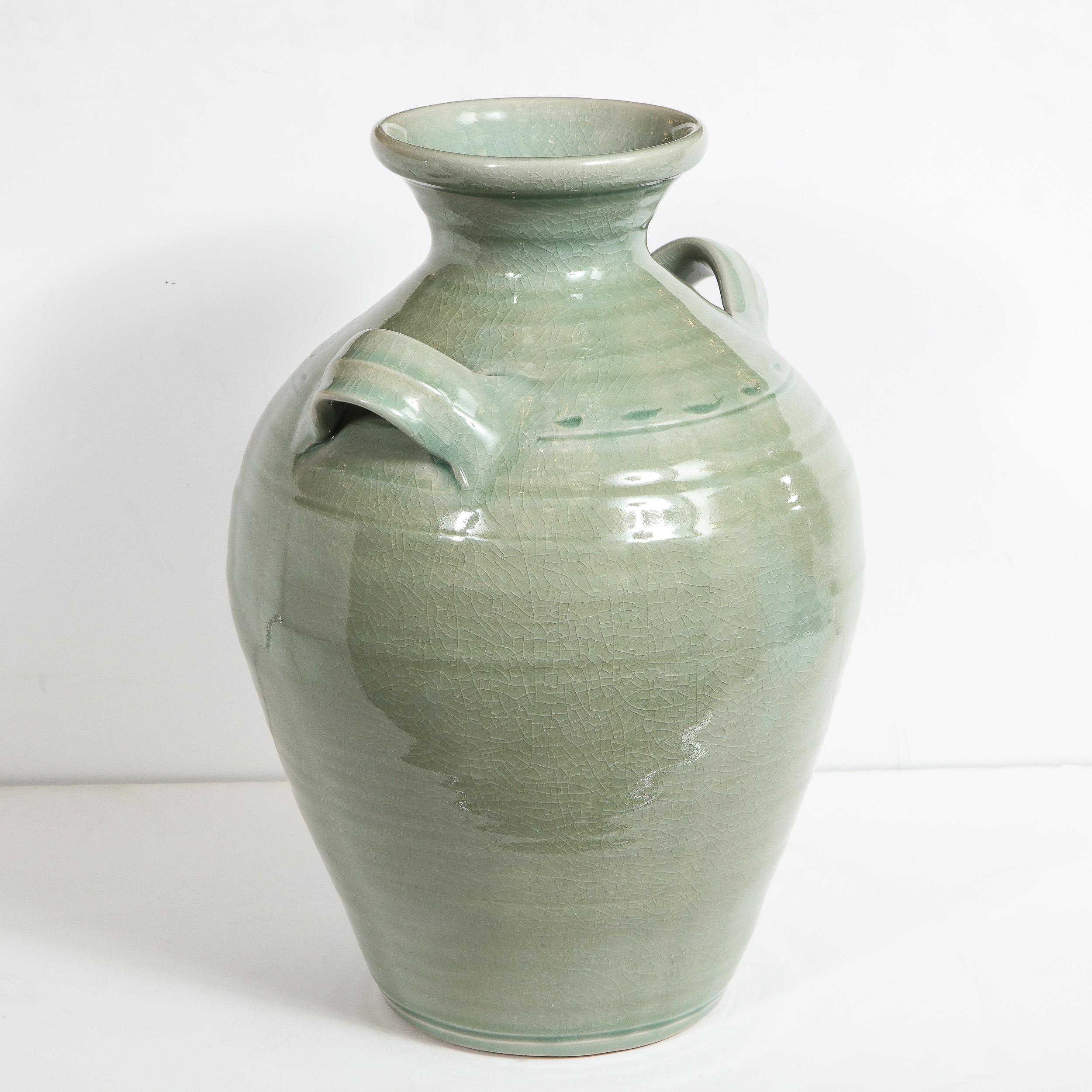 20th Century Large Modernist Ceramic Vase in Celadon Craqueleur Glaze with Handles