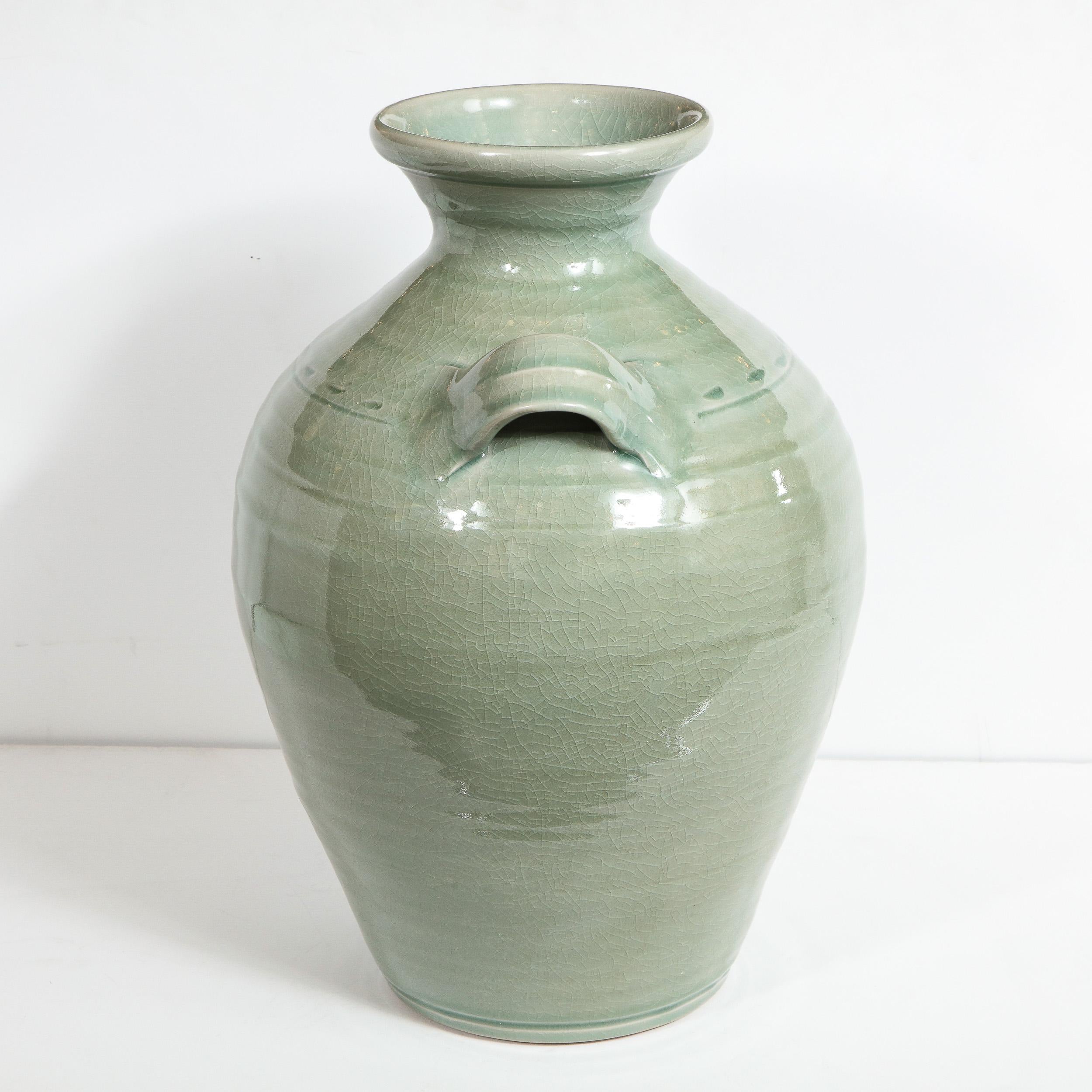 Large Modernist Ceramic Vase in Celadon Craqueleur Glaze with Handles 1