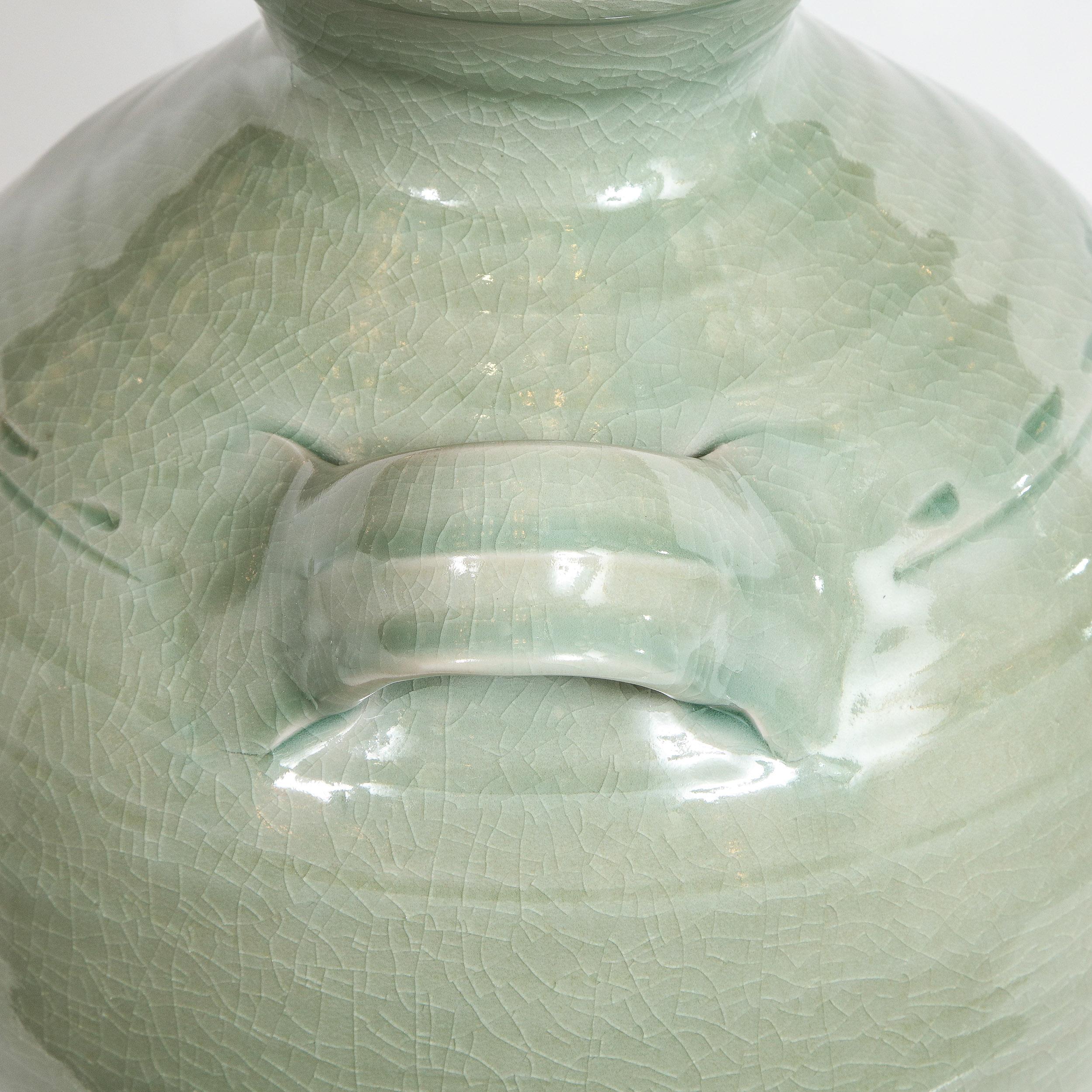 Large Modernist Ceramic Vase in Celadon Craqueleur Glaze with Handles 2