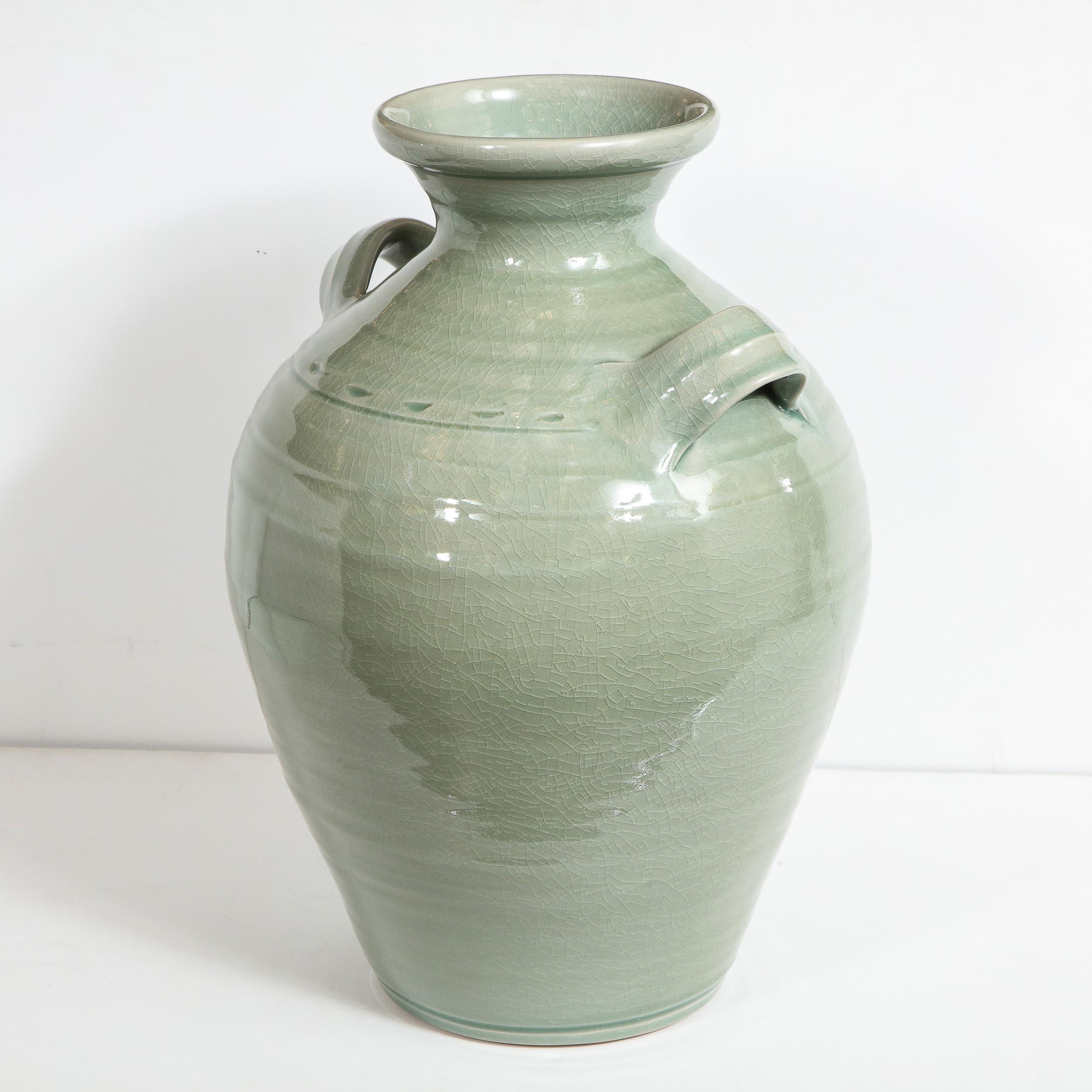 Large Modernist Ceramic Vase in Celadon Craqueleur Glaze with Handles 3