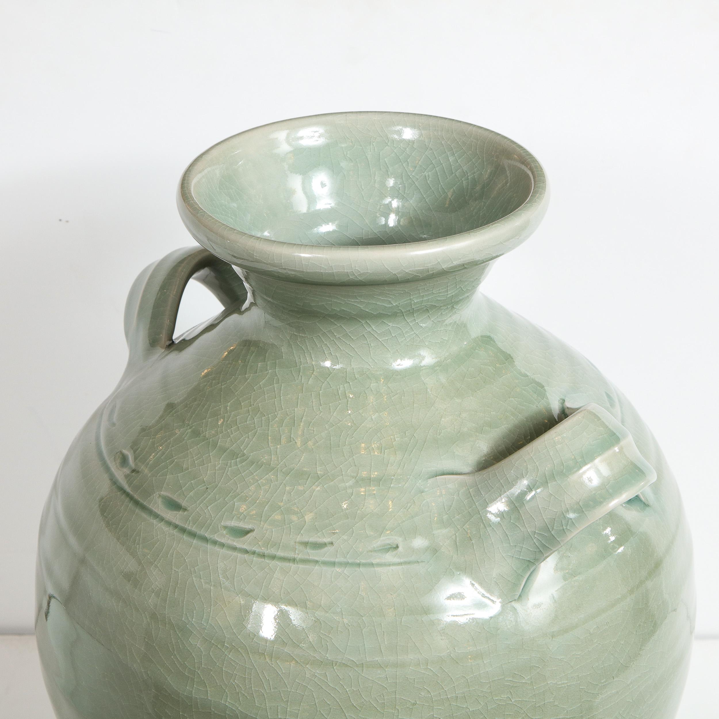 Large Modernist Ceramic Vase in Celadon Craqueleur Glaze with Handles 4