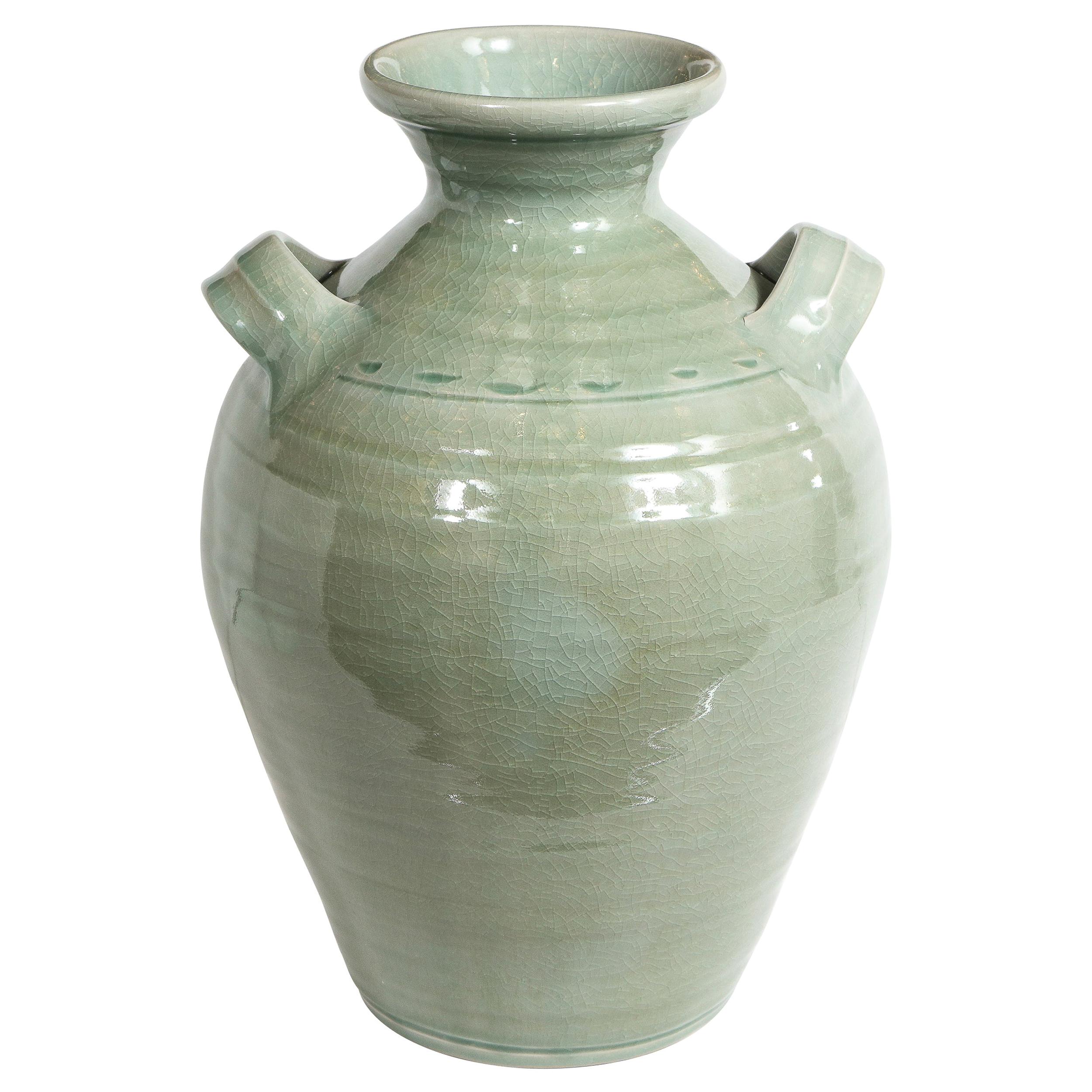 Large Modernist Ceramic Vase in Celadon Craqueleur Glaze with Handles