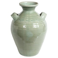 Large Modernist Ceramic Vase in Celadon Craqueleur Glaze with Handles