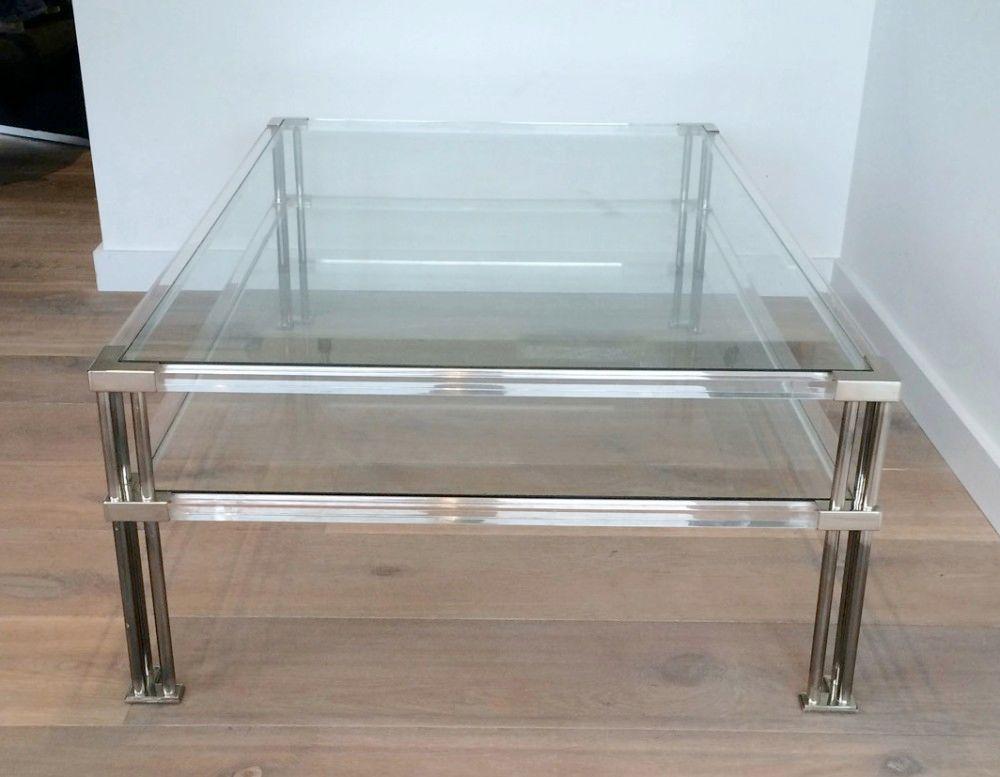 This nice and unusual large modernist coffee table is made of chrome and lucite. This is a French work. Circa 1970