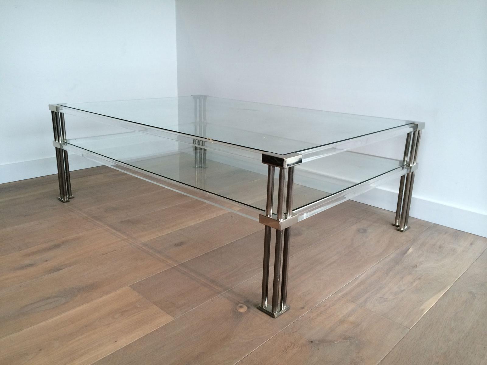 Large Modernist Chrome and Lucite Coffee Table, French, circa 1970 8