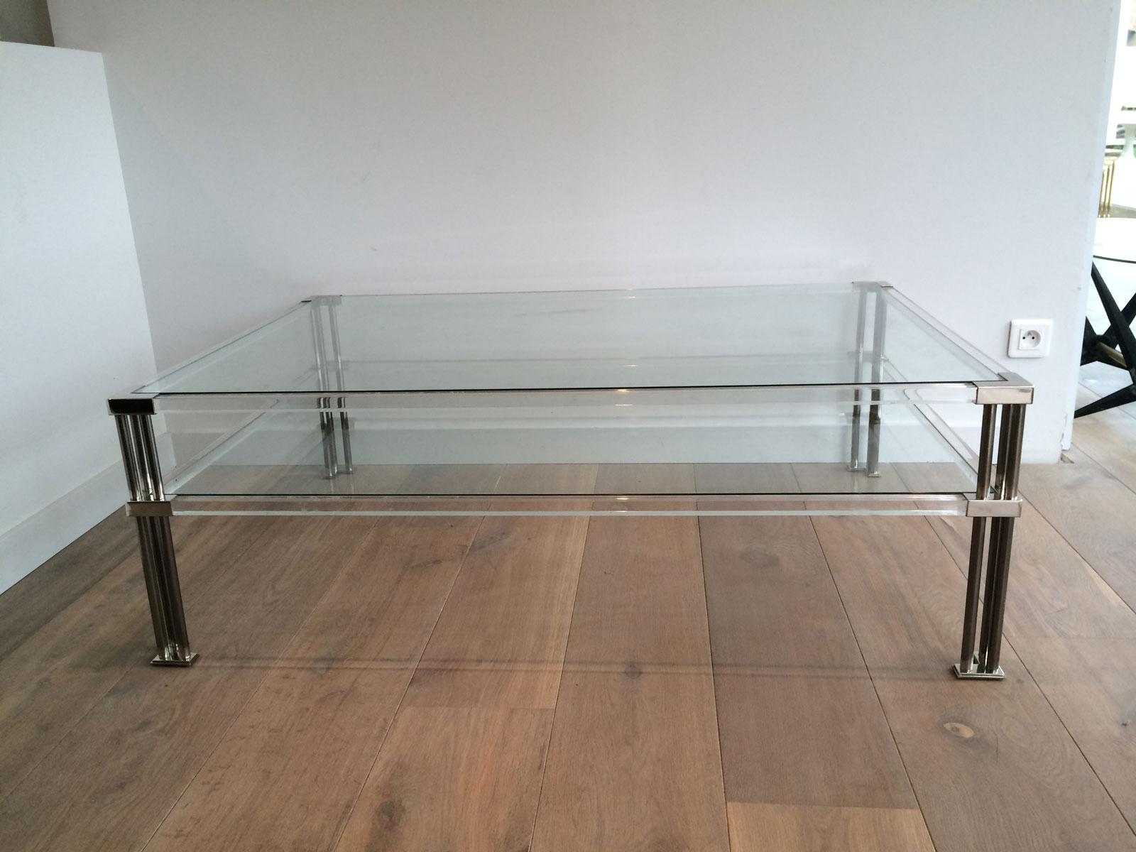 Mid-Century Modern Large Modernist Chrome and Lucite Coffee Table, French, circa 1970