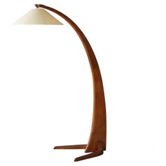 Large Modernist Curved Floor Lamp, Stained Oak, Brass, Paper, Italy, 1940s