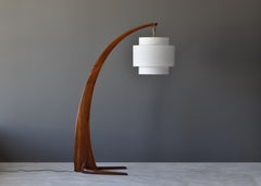 Large Modernist Curved Floor Lamp, Walnut, Brass, Fabric, Italy 1940s