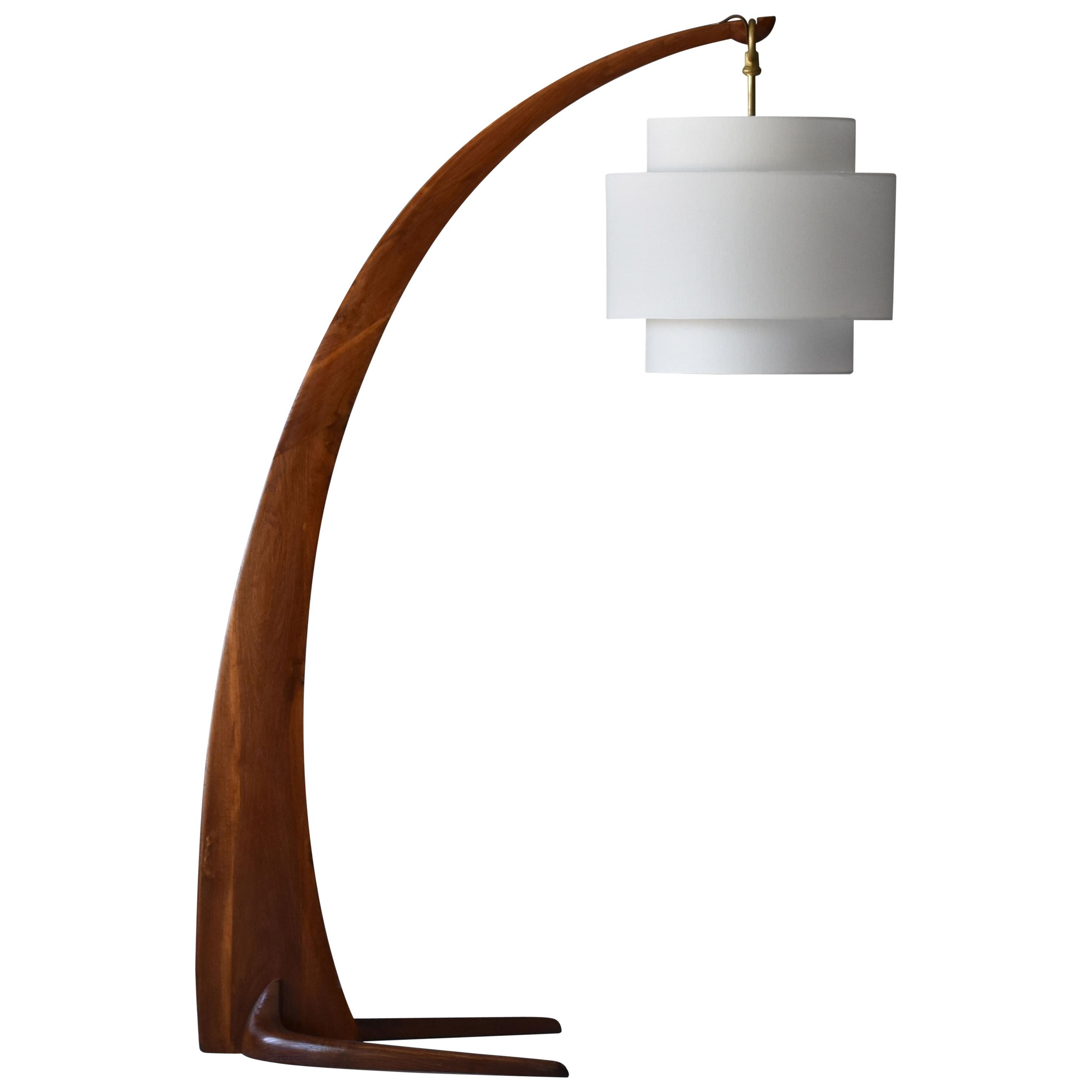 Large Modernist Curved Floor Lamp, Walnut, Brass, Fabric, Italy 1940s