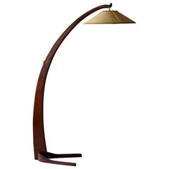 Large Modernist Curved Floor Lamp, Walnut, Brass, Fabric, Italy, 1940s