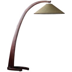 Large Modernist Curved Floor Lamp, Walnut, Brass, Paper, Italy, 1940s