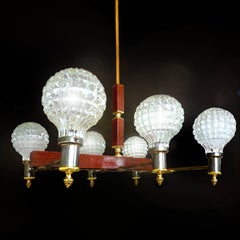 Large Modernist French Art Deco Bronze Wood Brass Six-Light Ice Glass Chandelier