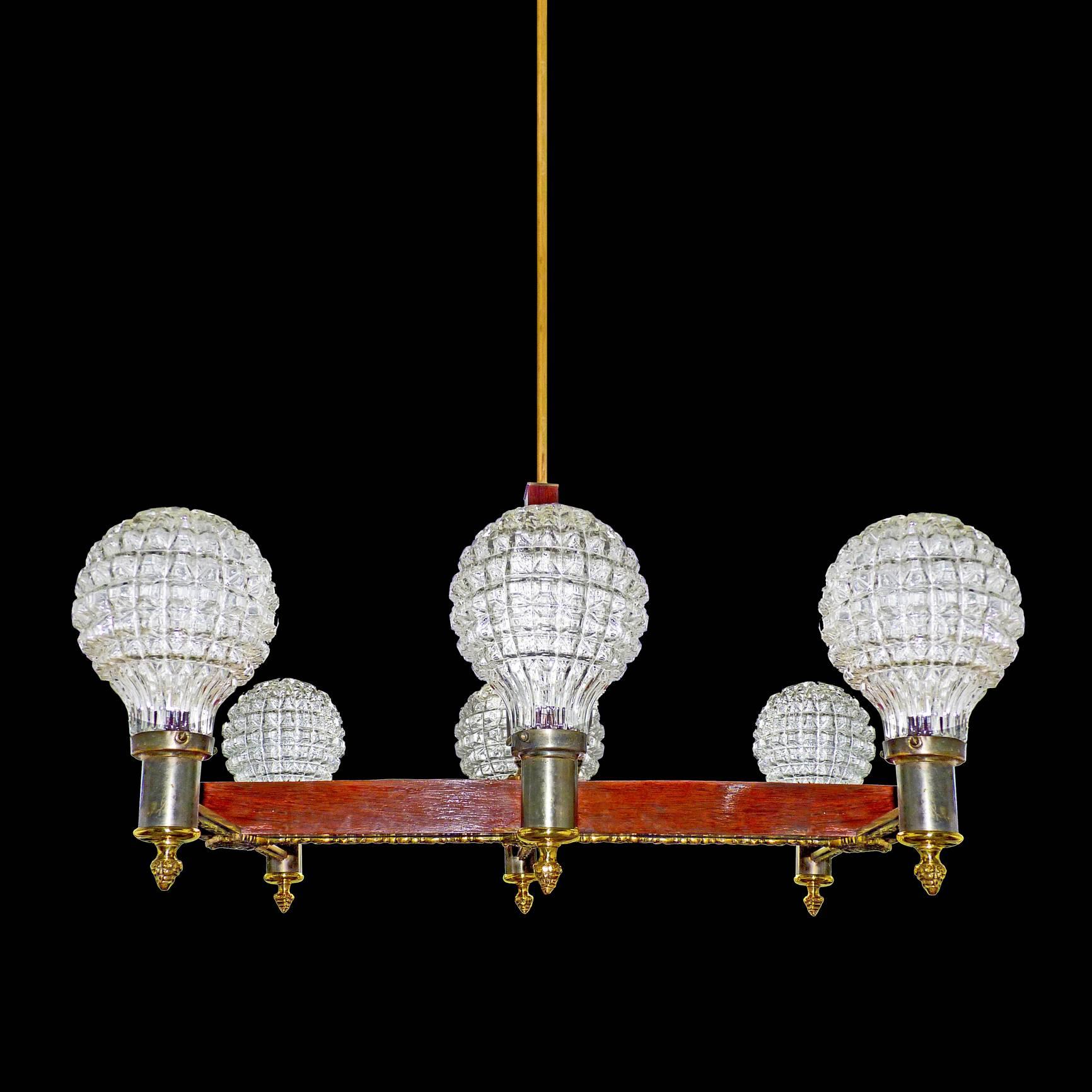 Large Modernist French Art Deco Bronze Wood Brass Six-Light Ice Glass Chandelier In Good Condition For Sale In Coimbra, PT