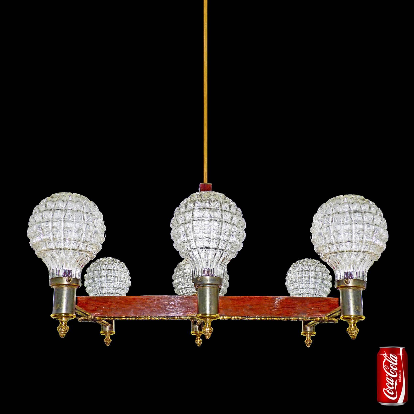 Mid-17th Century Large Modernist French Art Deco Bronze Wood Brass Six-Light Ice Glass Chandelier For Sale