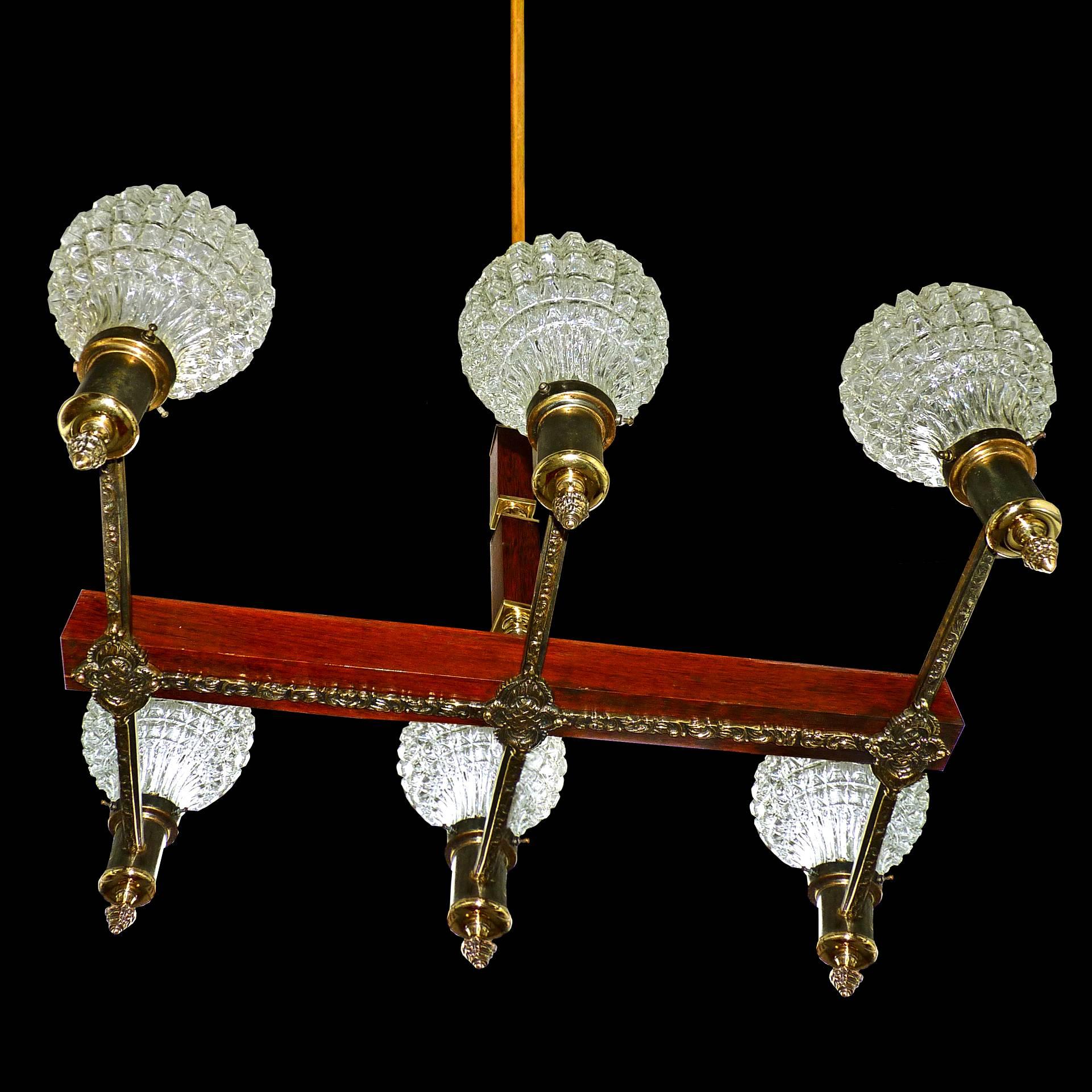 Large Modernist French Art Deco Bronze Wood Brass Six-Light Ice Glass Chandelier For Sale 1