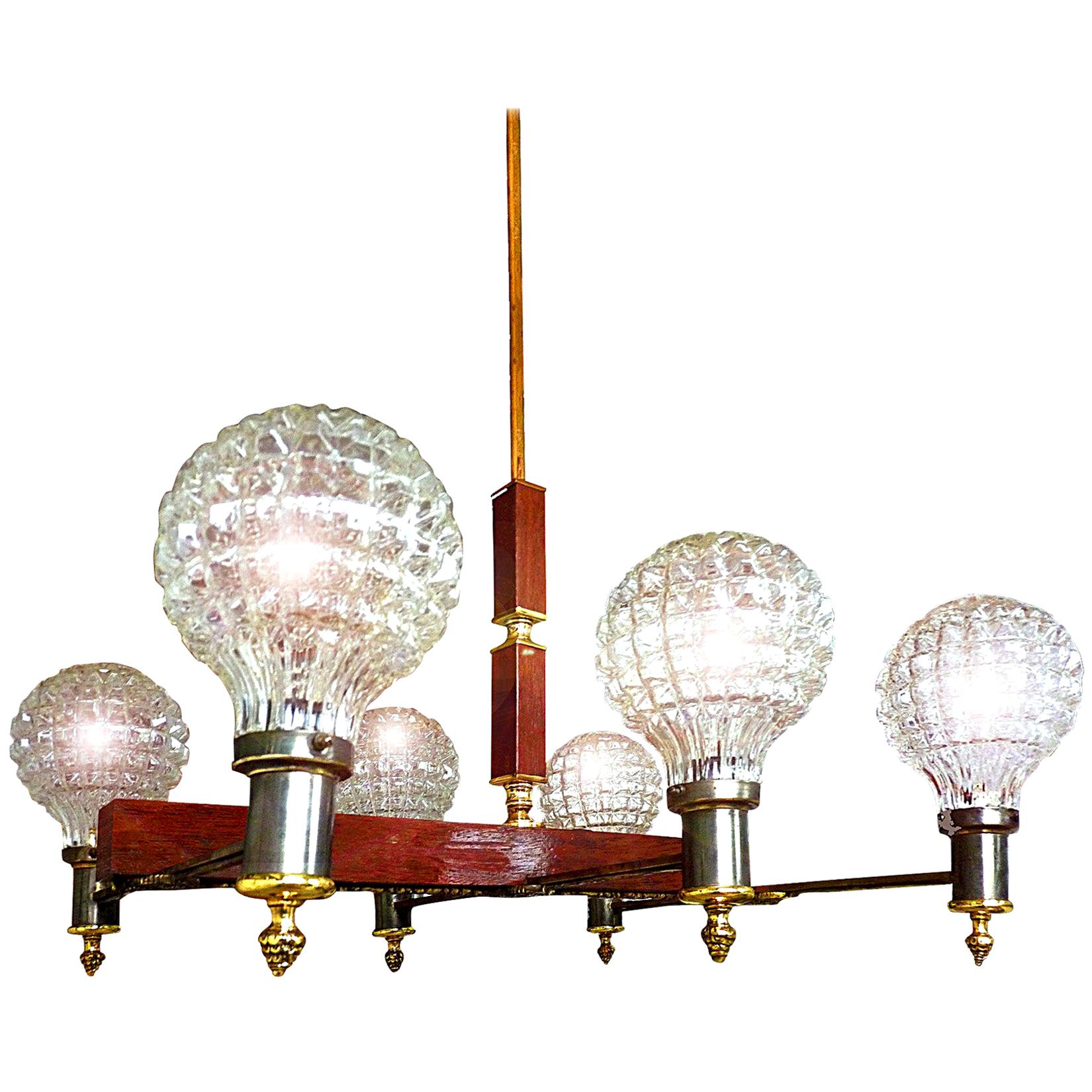 Large Modernist French Art Deco Gilt Bronze on Wood 6-Light Ice Glass Chandelier For Sale