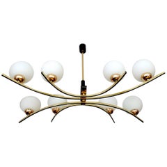 Large Modernist French Maison Arlus Glass Brass Chandelier, Stilnovo Style Large Modernist French Maison Arlus Glass Brass Chandelier, Stilnovo Style