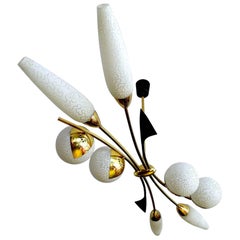 Large Modernist   Linear Maison Arlus Glass Brass Chandelier, Stilnovo Style