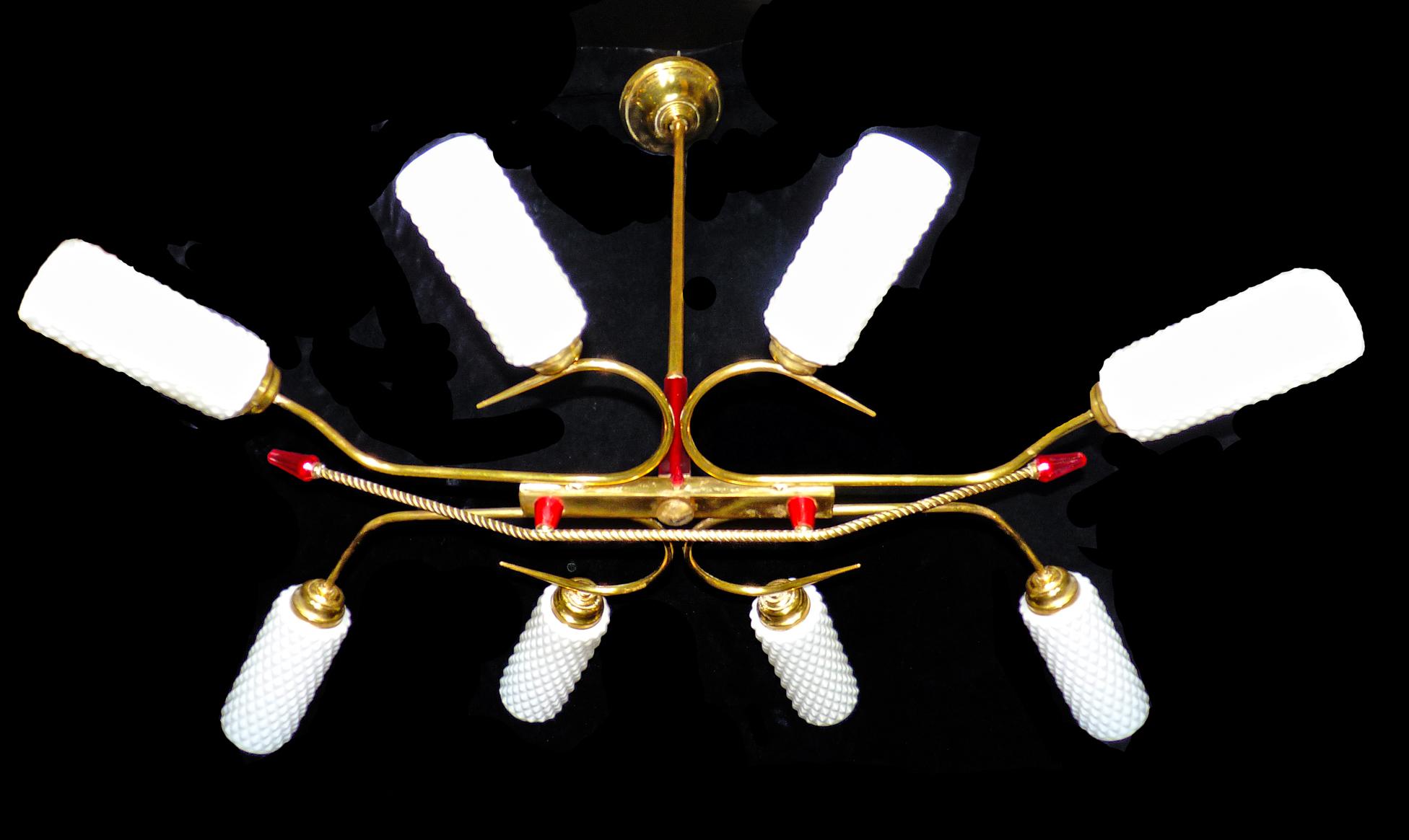 Rare gorgeous large sculptural French Mid-Century Modernist French Art Deco attributed to Maison Lunel, gilt brass and ruby red Lucite Sputnik chandelier with eight lights/ circa 1960, Stilnovo Gio Ponti era
Measures:
Width 36 in / 90 cm
Height