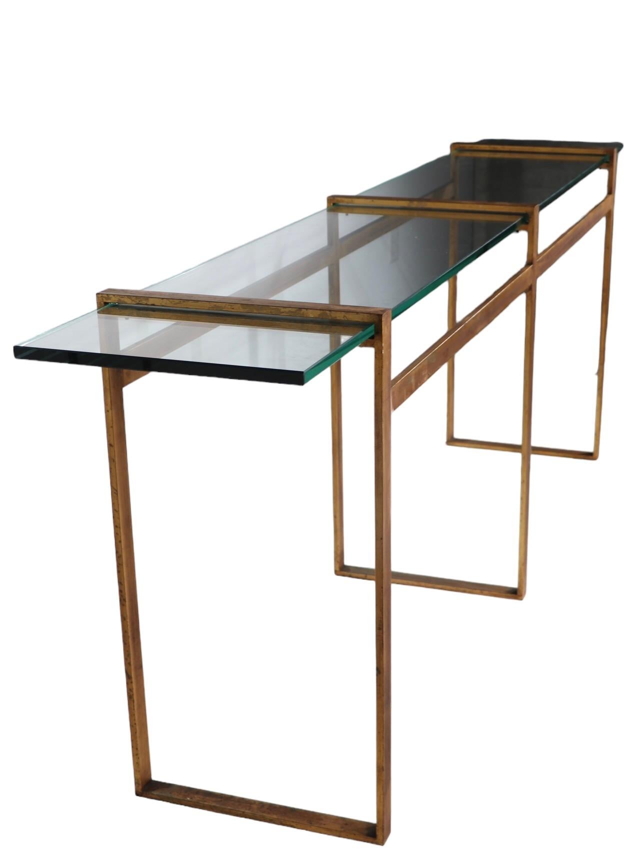 Large Modernist Metal and Glass Console in Faux Gilt Finish c 1970’s For Sale 4
