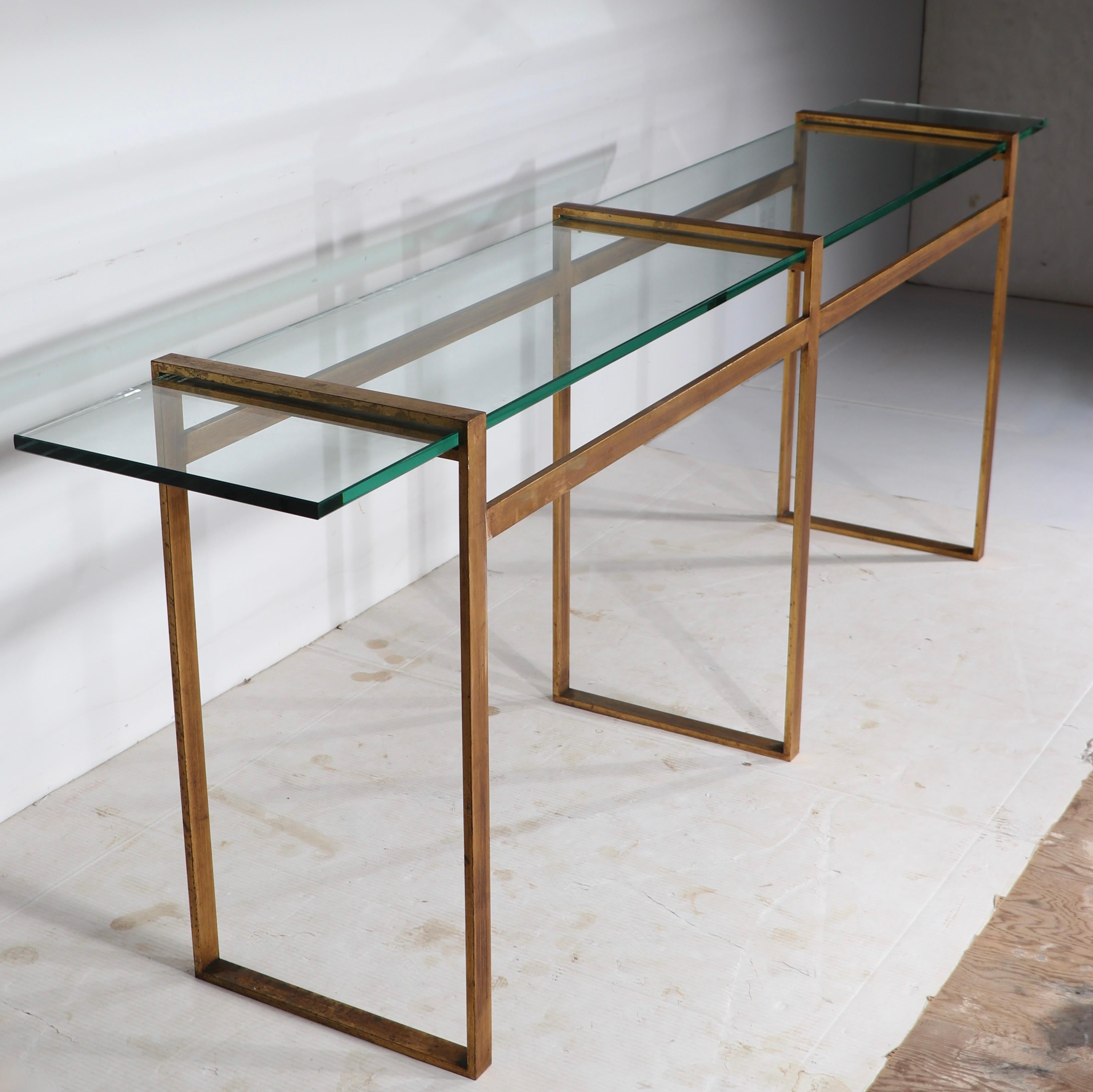 American Large Modernist Metal and Glass Console in Faux Gilt Finish c 1970’s For Sale