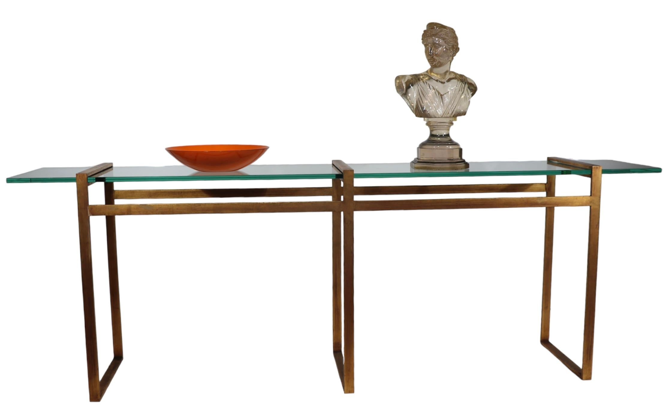 Large Modernist Metal and Glass Console in Faux Gilt Finish c 1970’s In Good Condition For Sale In New York, NY