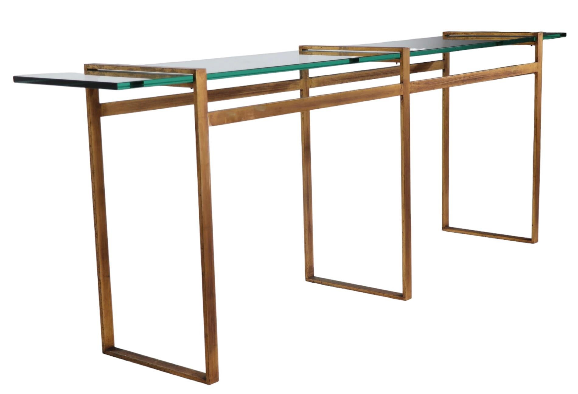 Large Modernist Metal and Glass Console in Faux Gilt Finish c 1970’s For Sale 2