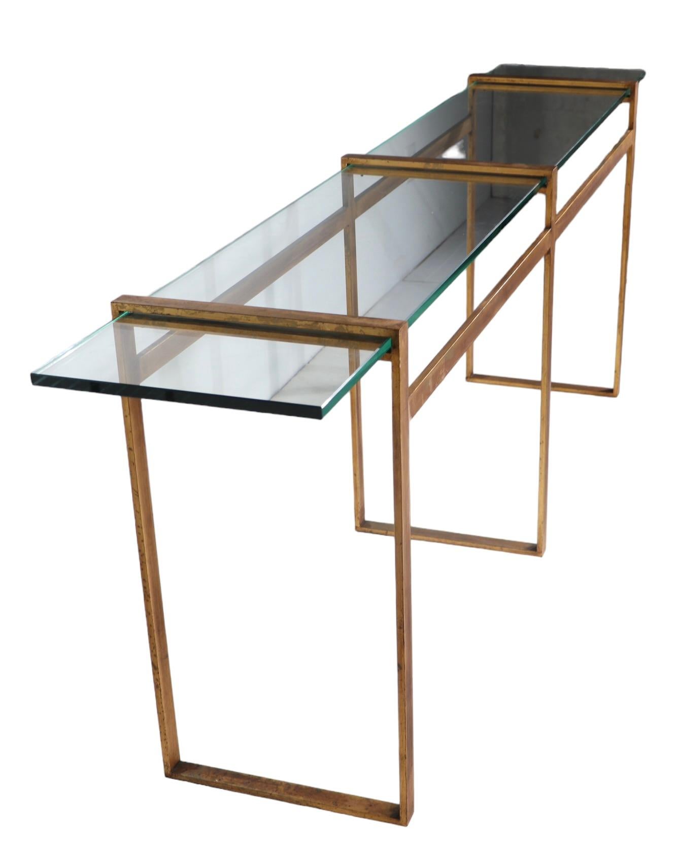 Large Modernist Metal and Glass Console in Faux Gilt Finish c 1970’s For Sale 3
