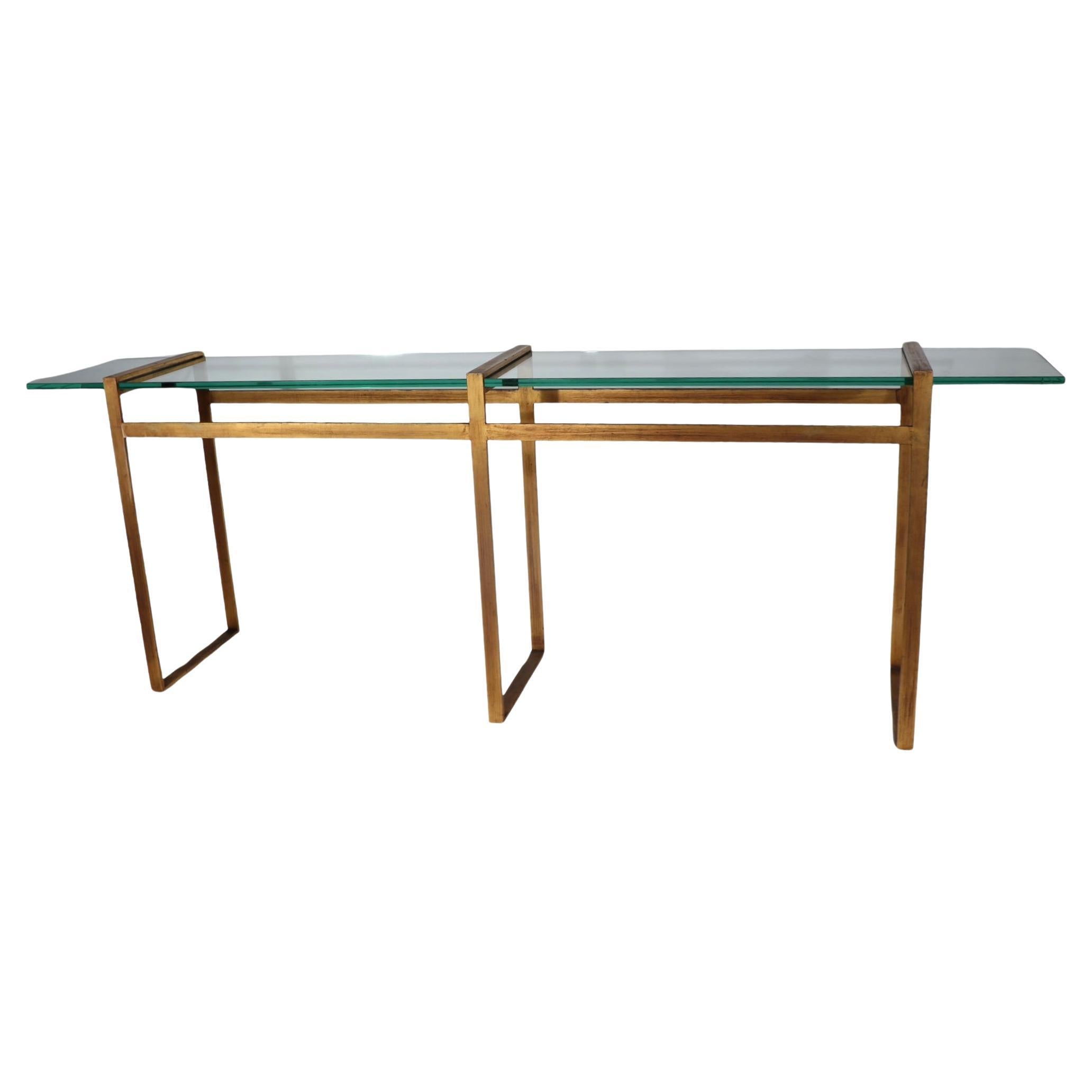 Large Modernist Metal and Glass Console in Faux Gilt Finish c 1970’s For Sale