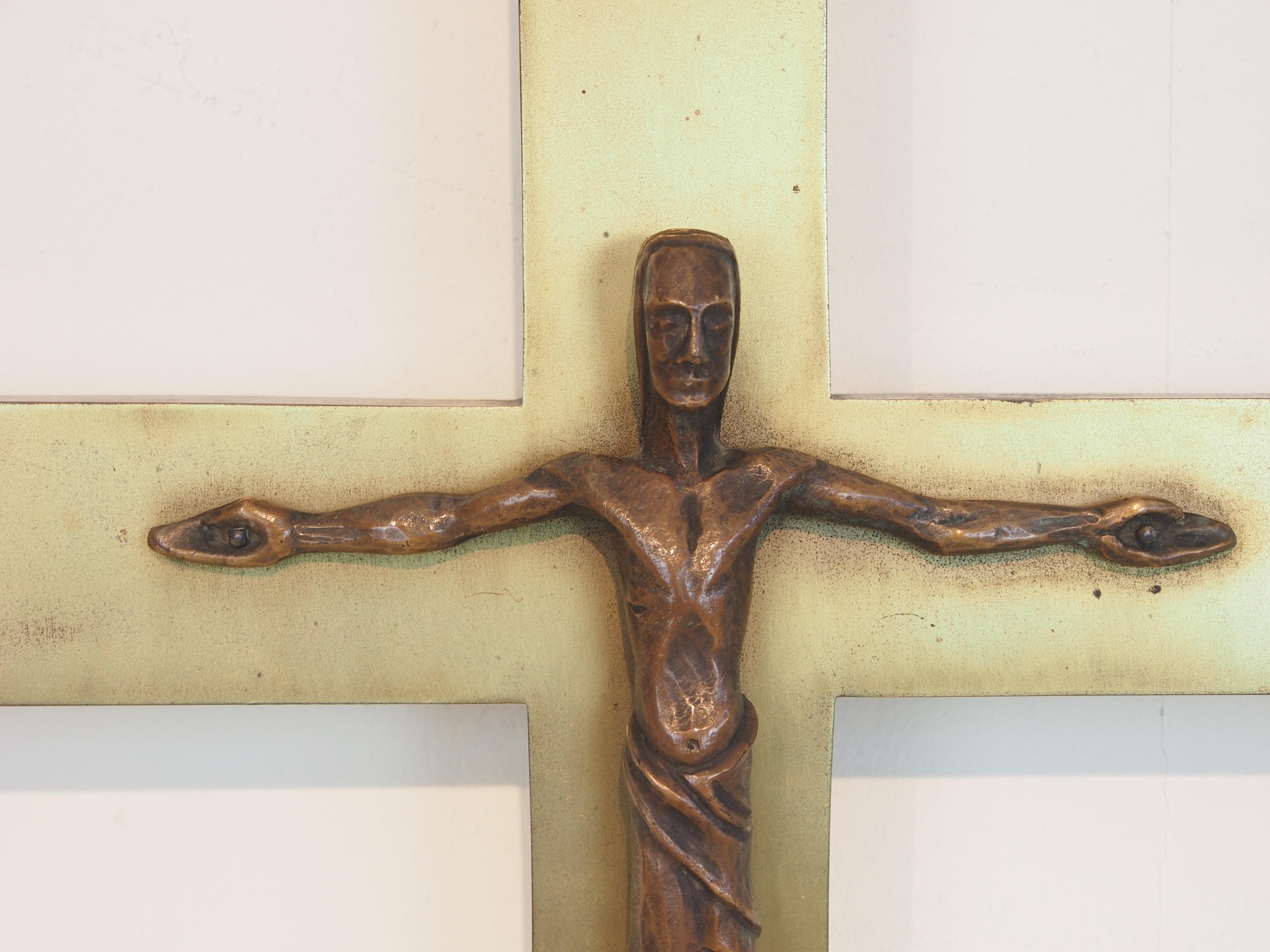 Mid-Century Modern Large Modernist Midcentury Brass Crucifix with Gemstones For Sale