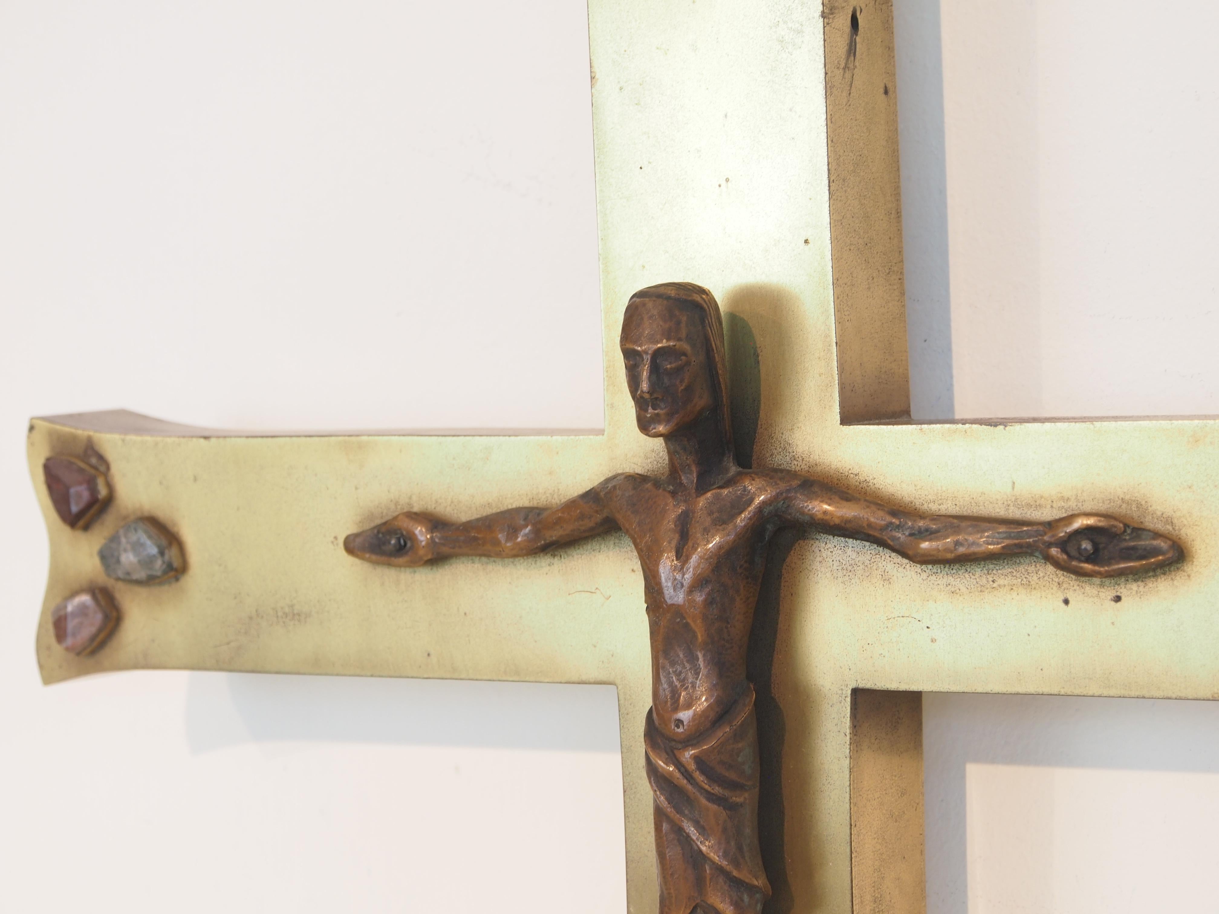 European Large Modernist Midcentury Brass Crucifix with Gemstones For Sale
