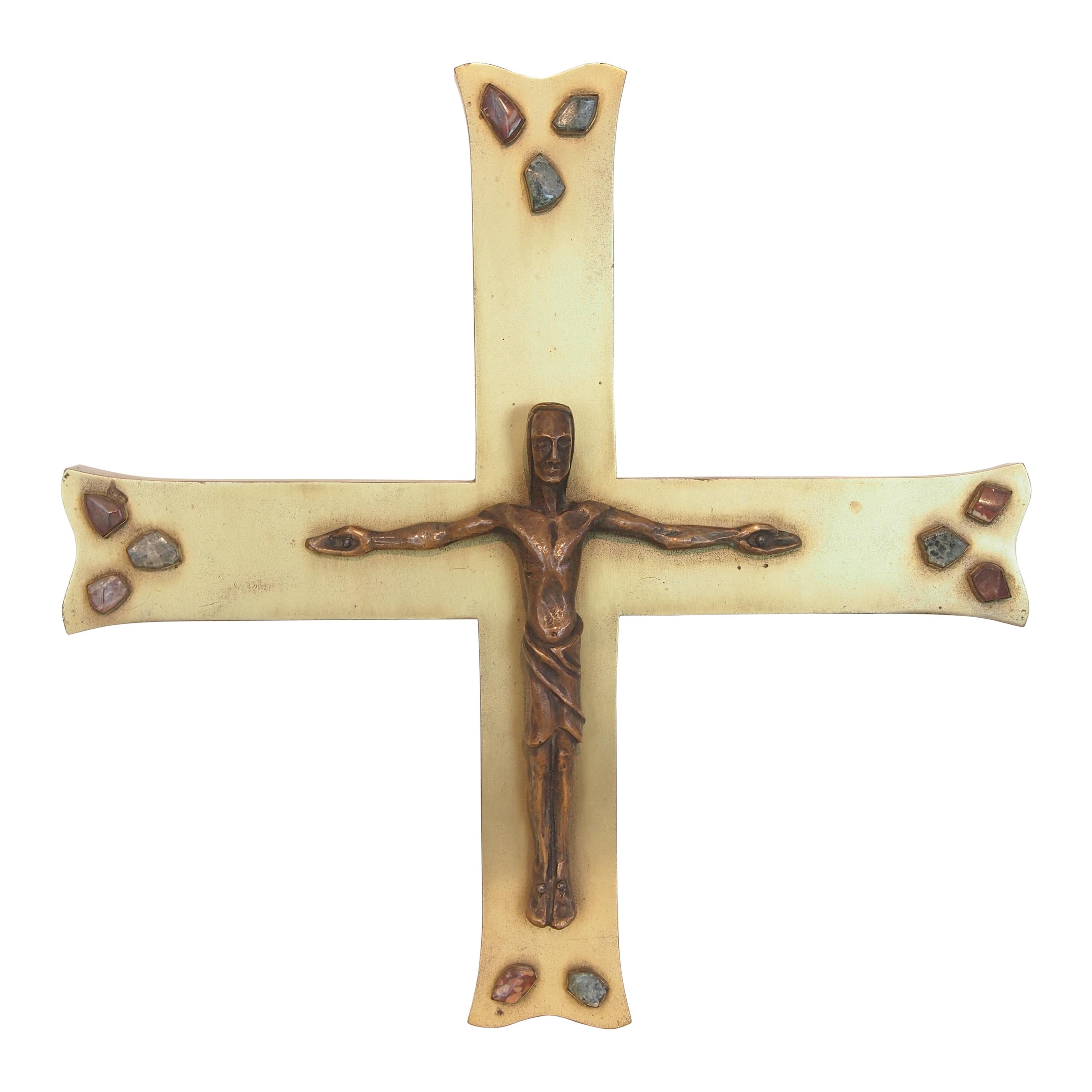 Large Modernist Midcentury Brass Crucifix with Gemstones For Sale