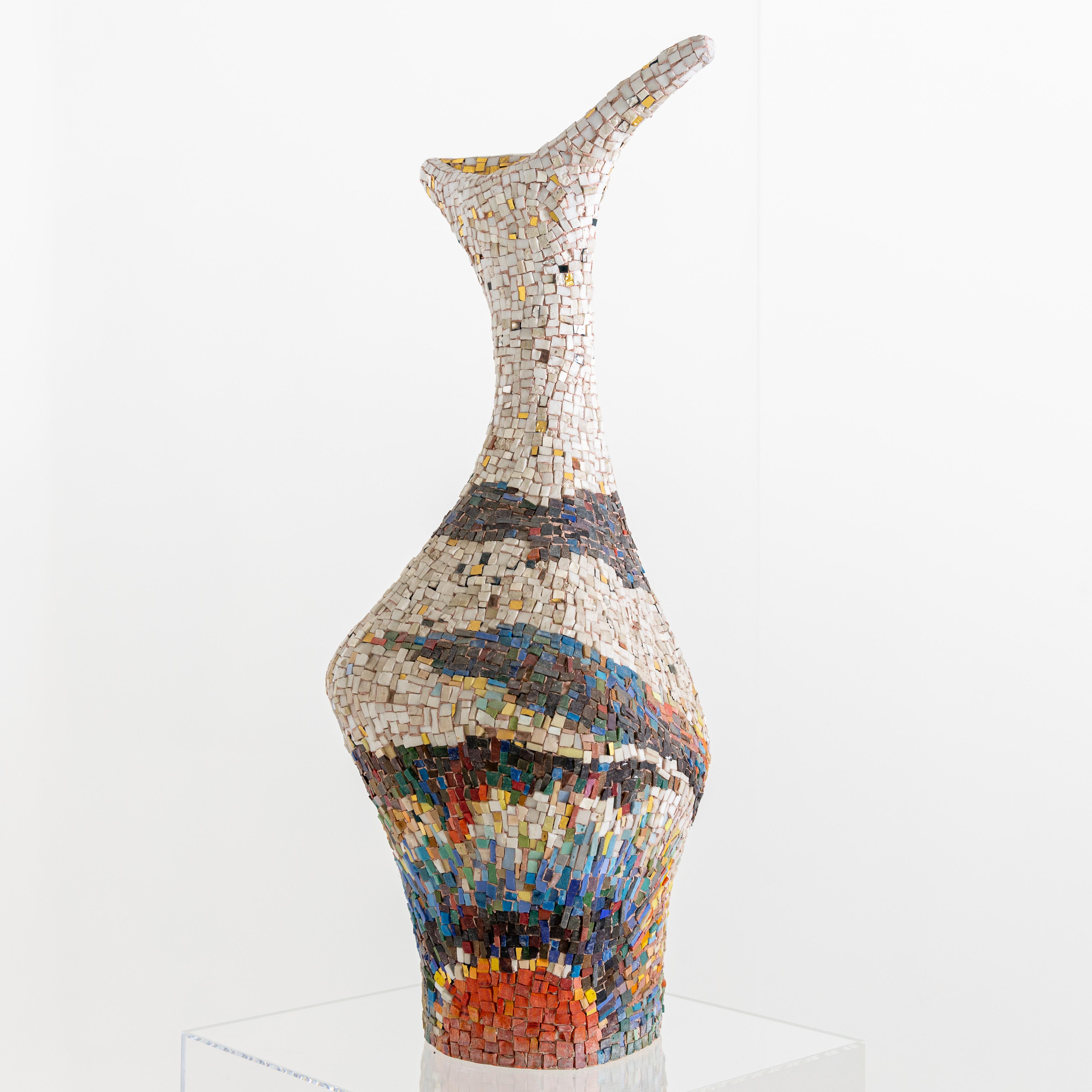 Large decorative Italian Modernist floor vase with colorful mosaic tile work.