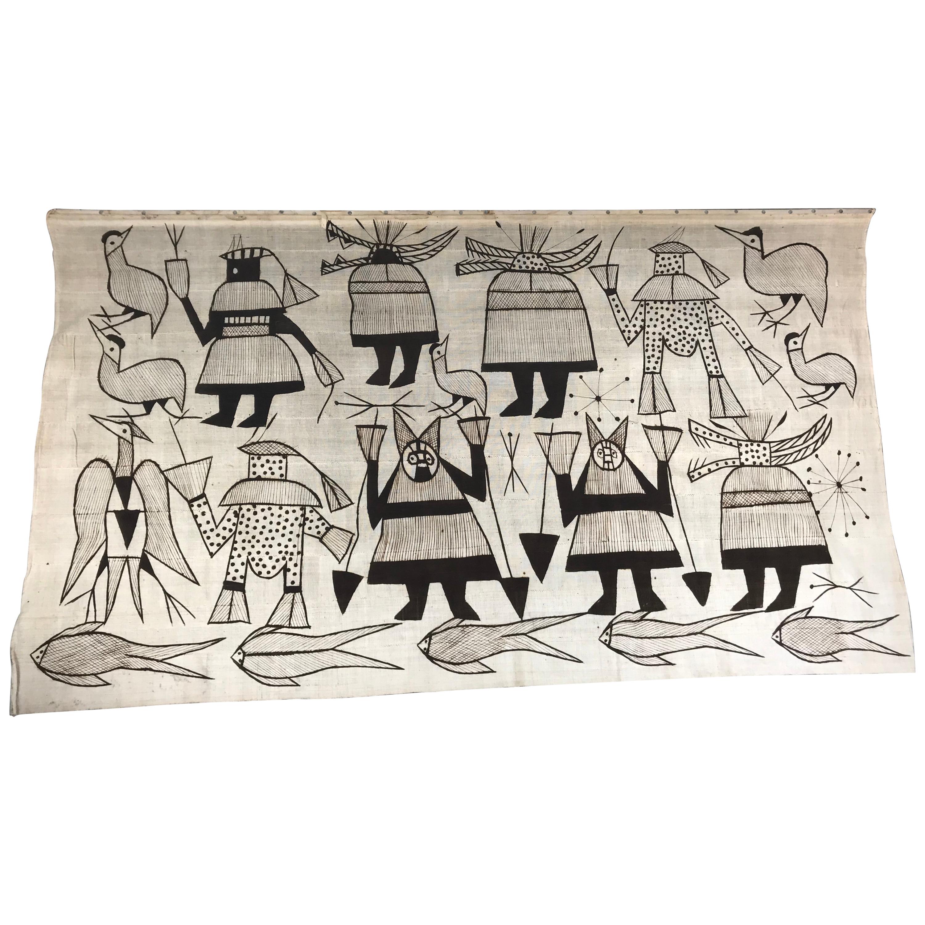 Grand textile moderniste monté Senufo Korhogo/Structure muguet