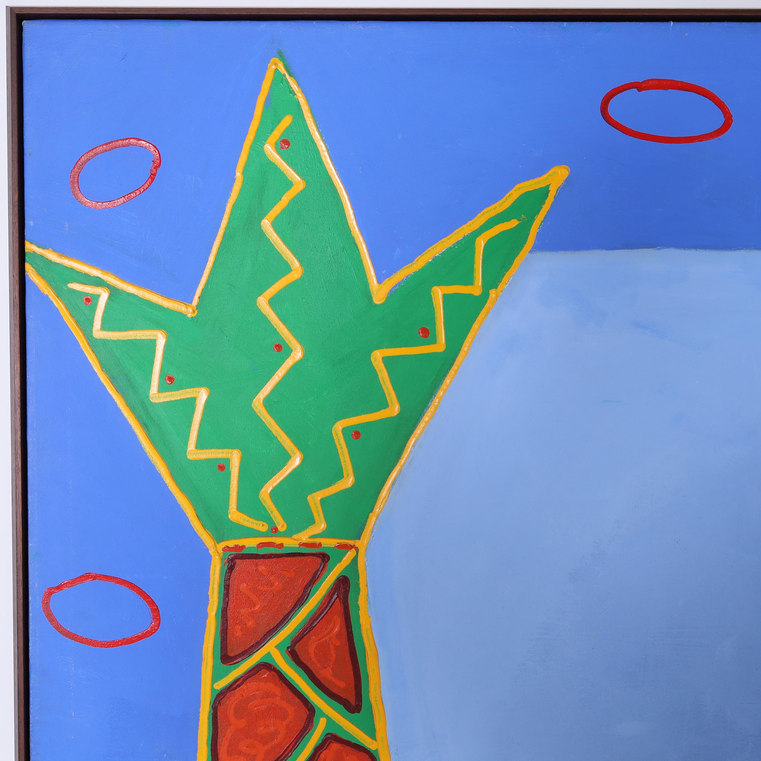 Markante Acrylgemälde auf Leinwand eines Hauses mit Palmen in einem kühnen modernistischen Stil mit Primärfarben und ein Gefühl der Übertreibung von Palm Beach Künstler Barbara Sturgill mit dem Titel Haus mit blauem Himmel und in einem Holzrahmen