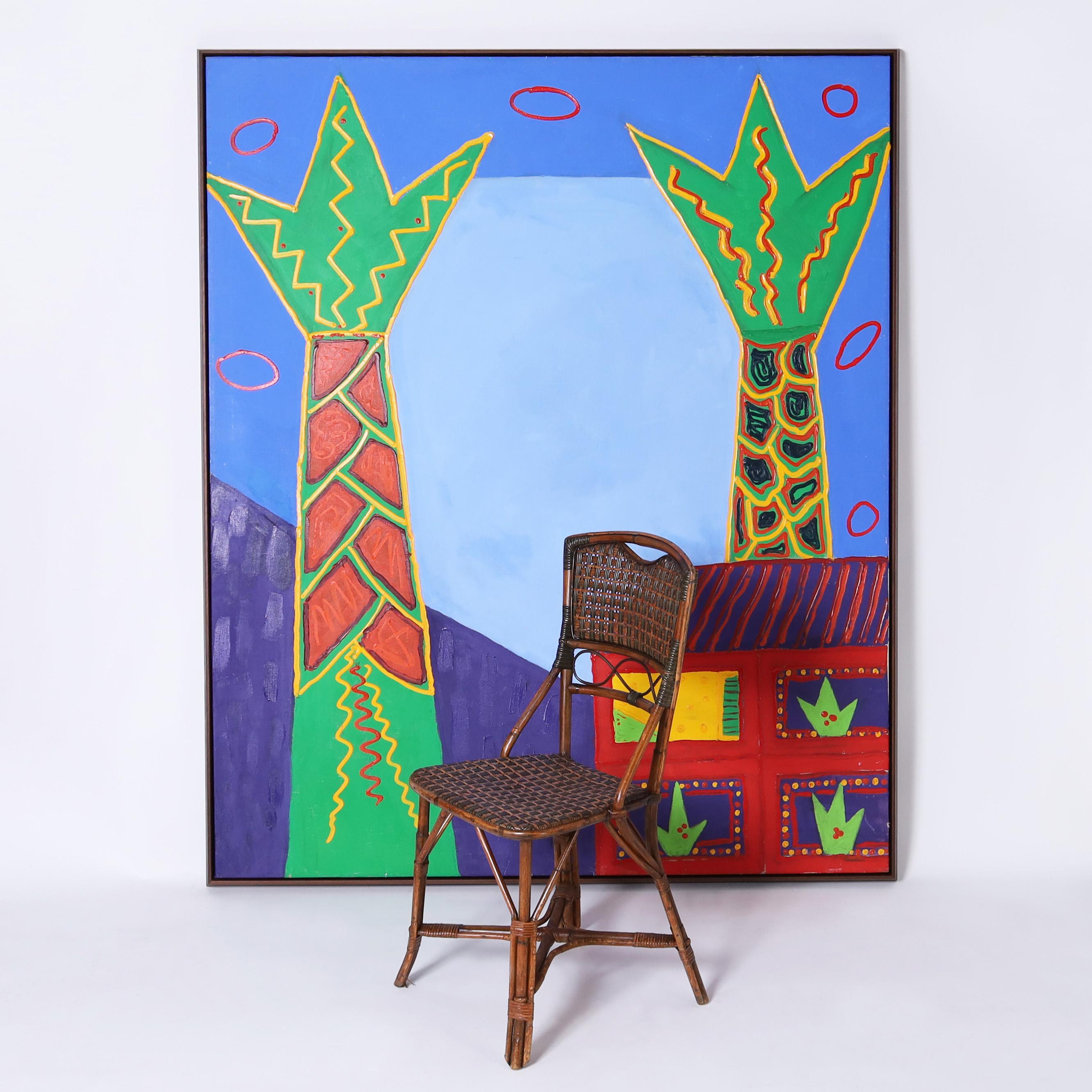 Großes modernistisches Gemälde von Palmenbäumen und einem Haus von Barbara Sturgill im Angebot 1