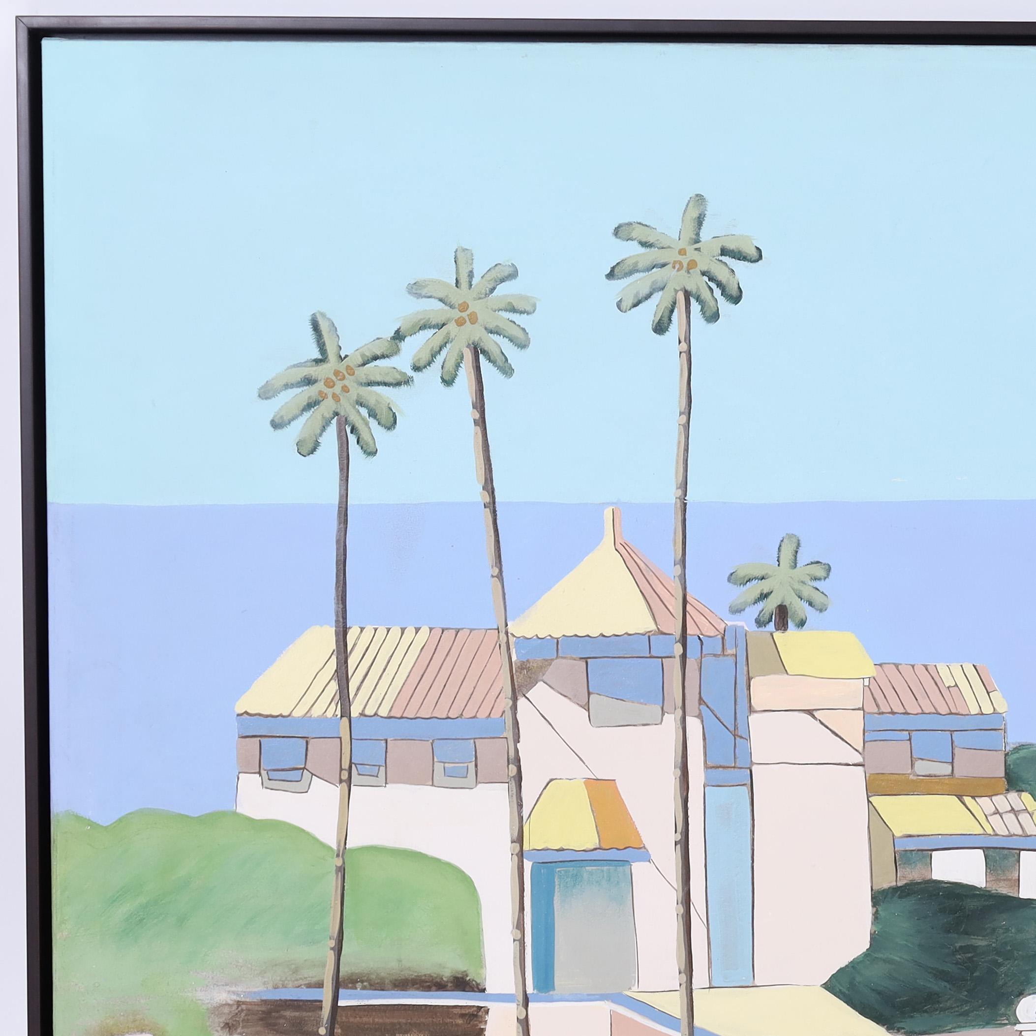 Impressionnante grande peinture acrylique sur toile d'une maison sur la plage avec des palmiers exécutée dans un style minimaliste moderne et présentée dans un cadre en bois flottant chic.